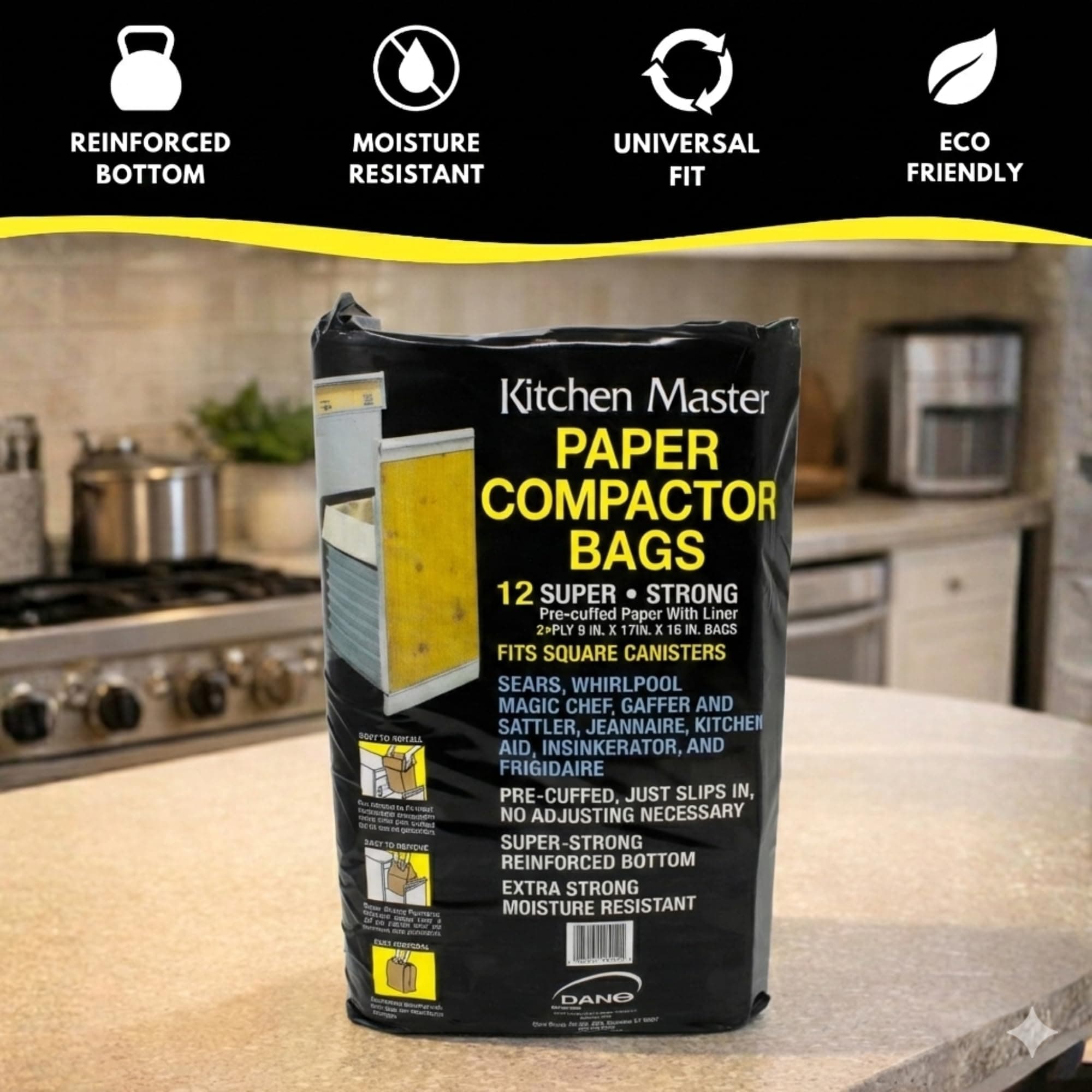 Kitchen Master Super Strong Compactor Bags (12 Pack) | Precuffed, Garbage Compactor Bags, Kitchen Liner, Paper Trash Bin Press, Kitchen Essential, Paper Garbage Press Liner