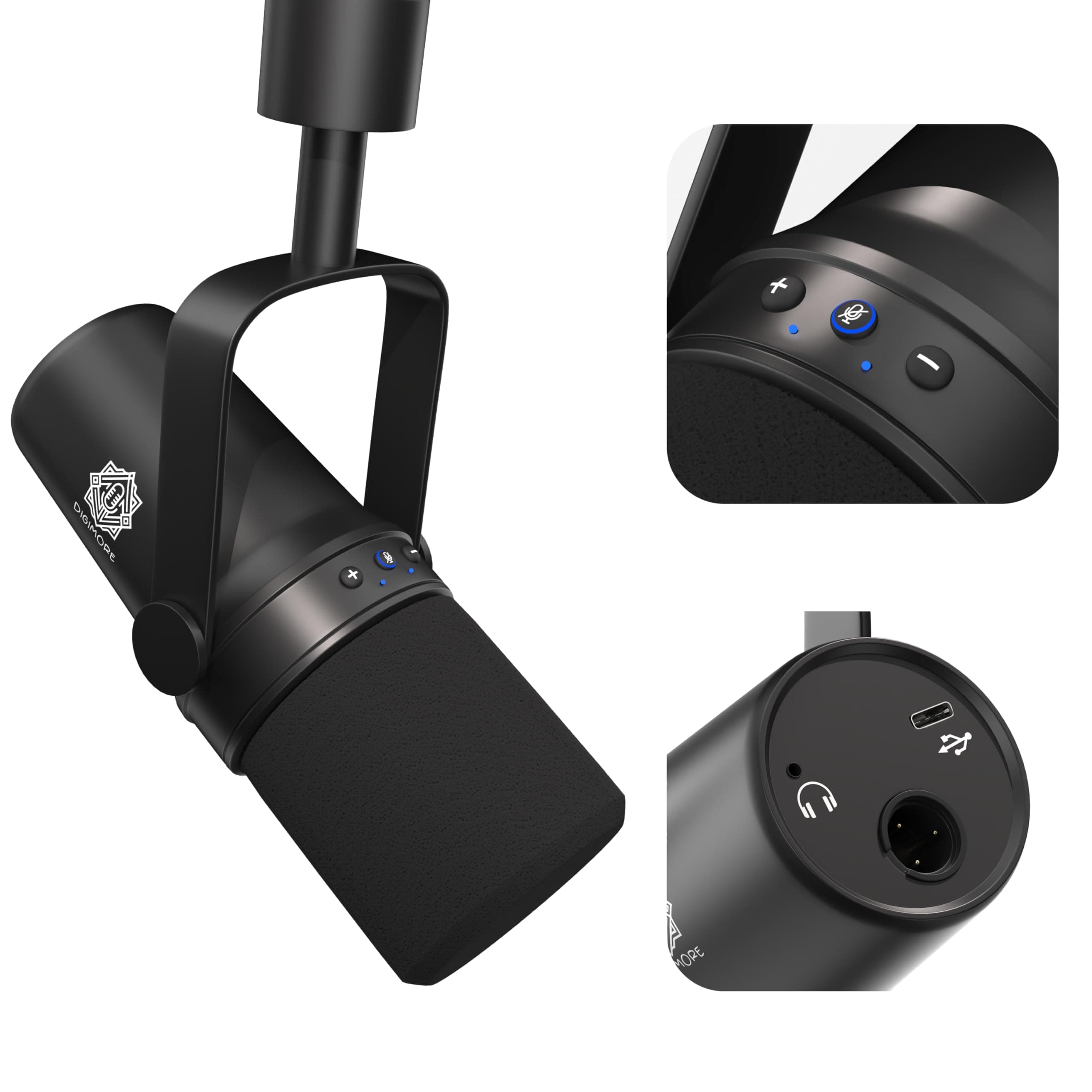 DIGIMORE Dynamic Podcast Microphone | USB/XLR Microphone kit for Streaming & Gaming | 24-Bit/192kHz Chip | Built-in Headphone Output | Mute Button, Gain Button (D-490)
