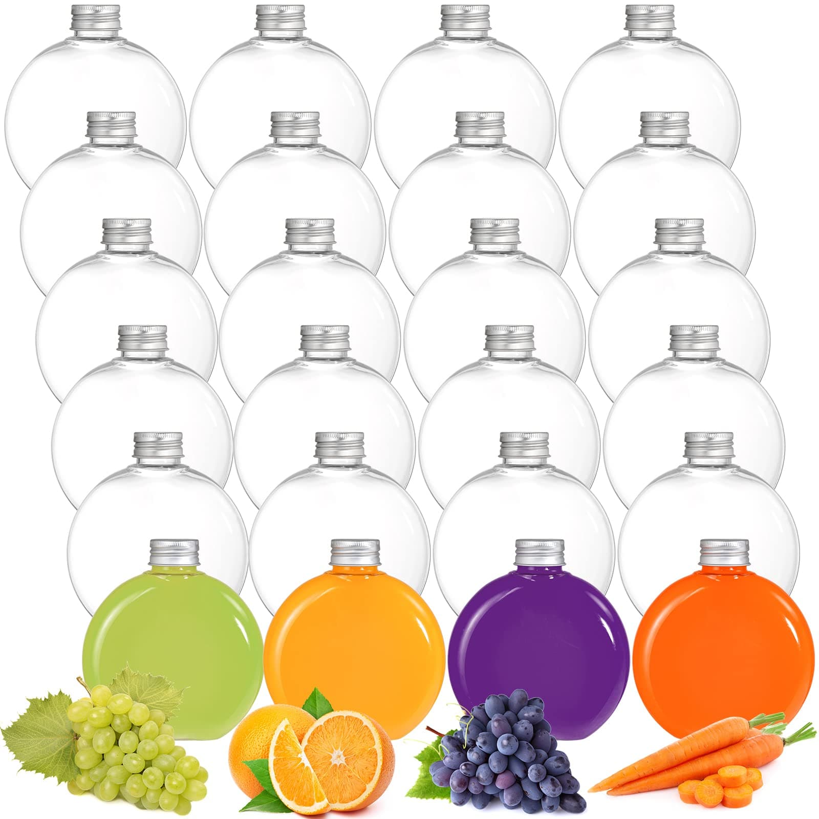 Elsjoy 24 Pack 10 Oz Plastic Bottles With Caps, Small Flask Reusable Round Flat Containers, Mini Juice Disposable Beverage Container for Alcohol, Leak Proof