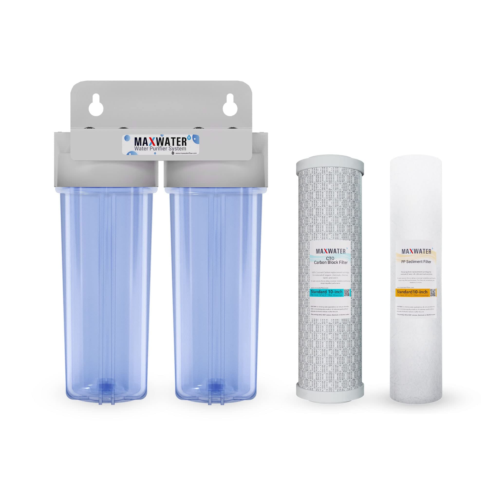 Max Water 2 Stage (Sediment, Odor & Improving Taste) Whole House 10 inch, Standard Water Filtration System - Clear Housing - Sediment + Carbon Block Filter - ¾ Inlet/Outlet