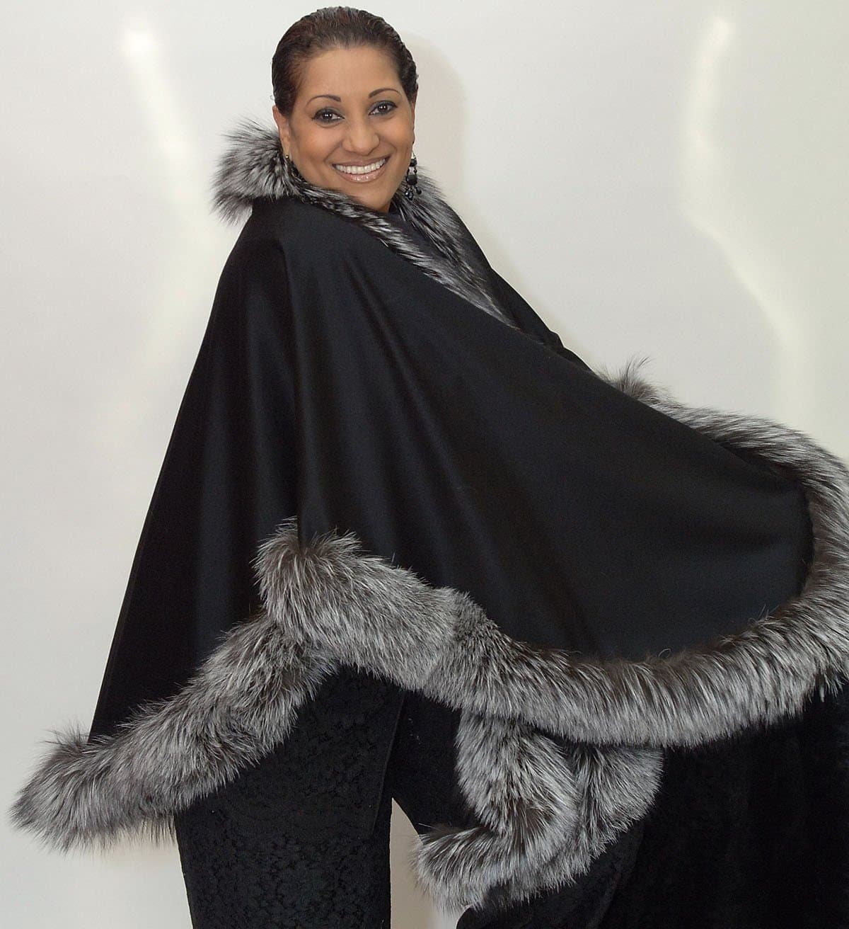 Silver Fox Fur Trim Black Cashmere Wrap Cape