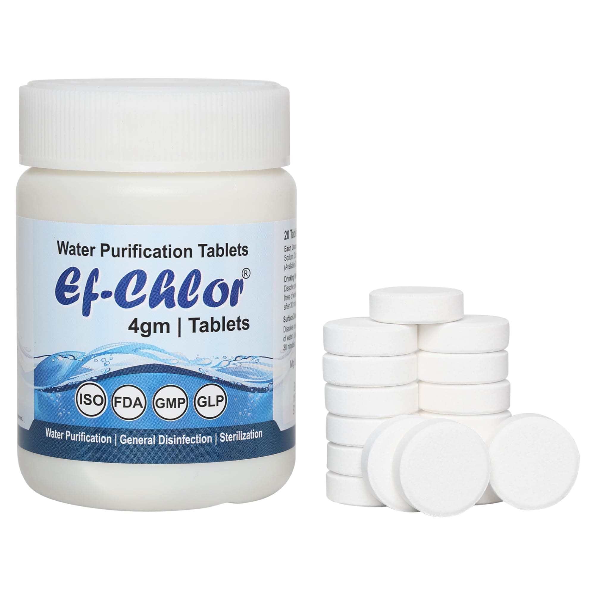 Ef-Chlor 4g Water Purification Tablets | Purifies 1000L Per Tablet | 20 Tablets Jar for 20000L | General Disinfection & Sterilization | Overhead & Underground Tank Water Treatment