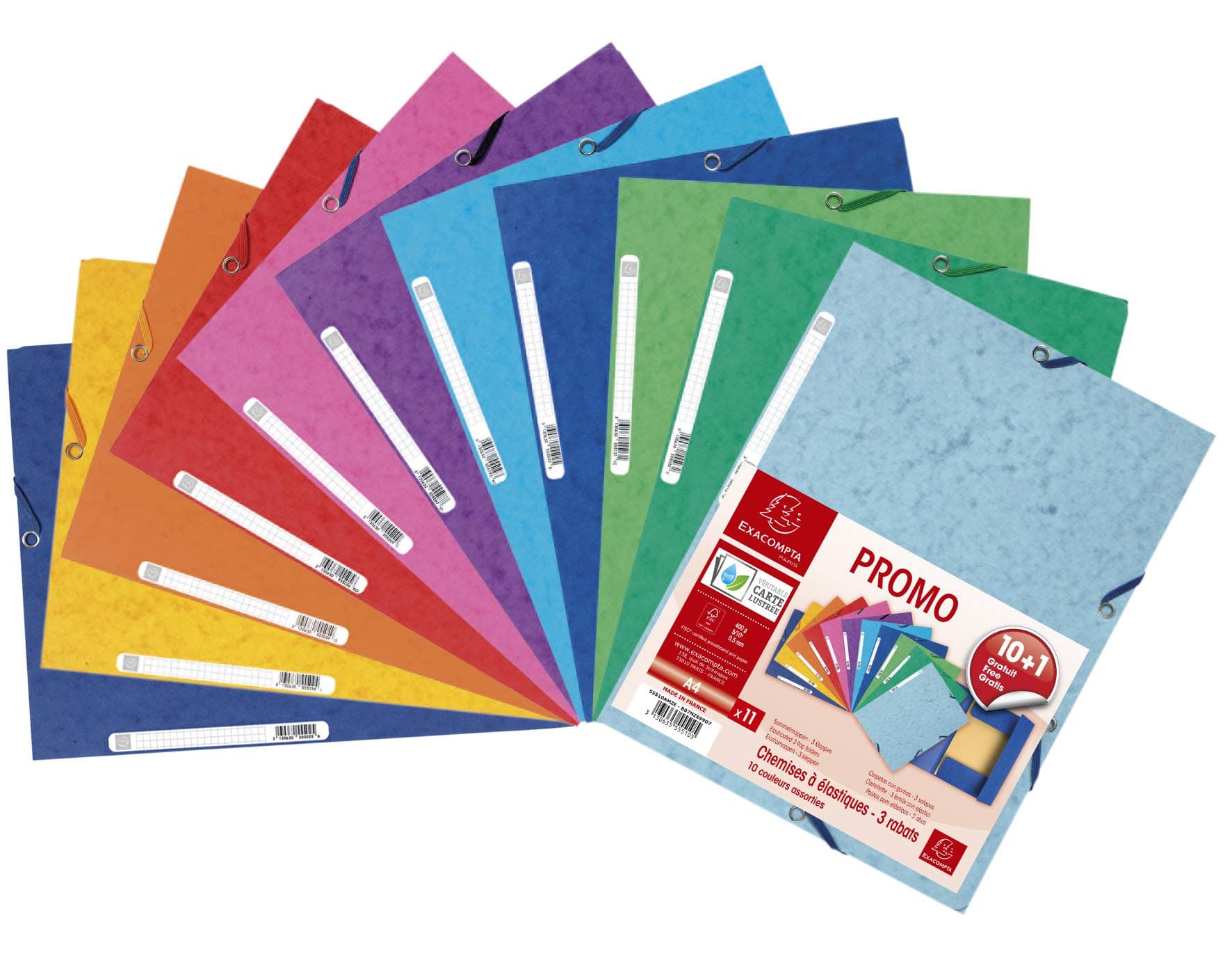 Ref 55510AMZE - Glossy Elasticated Folder - Suitable for A4 Documents, 400gsm Glossy Card, Spine Label for Easy Identification - Assorted Colours (Pack of 11)