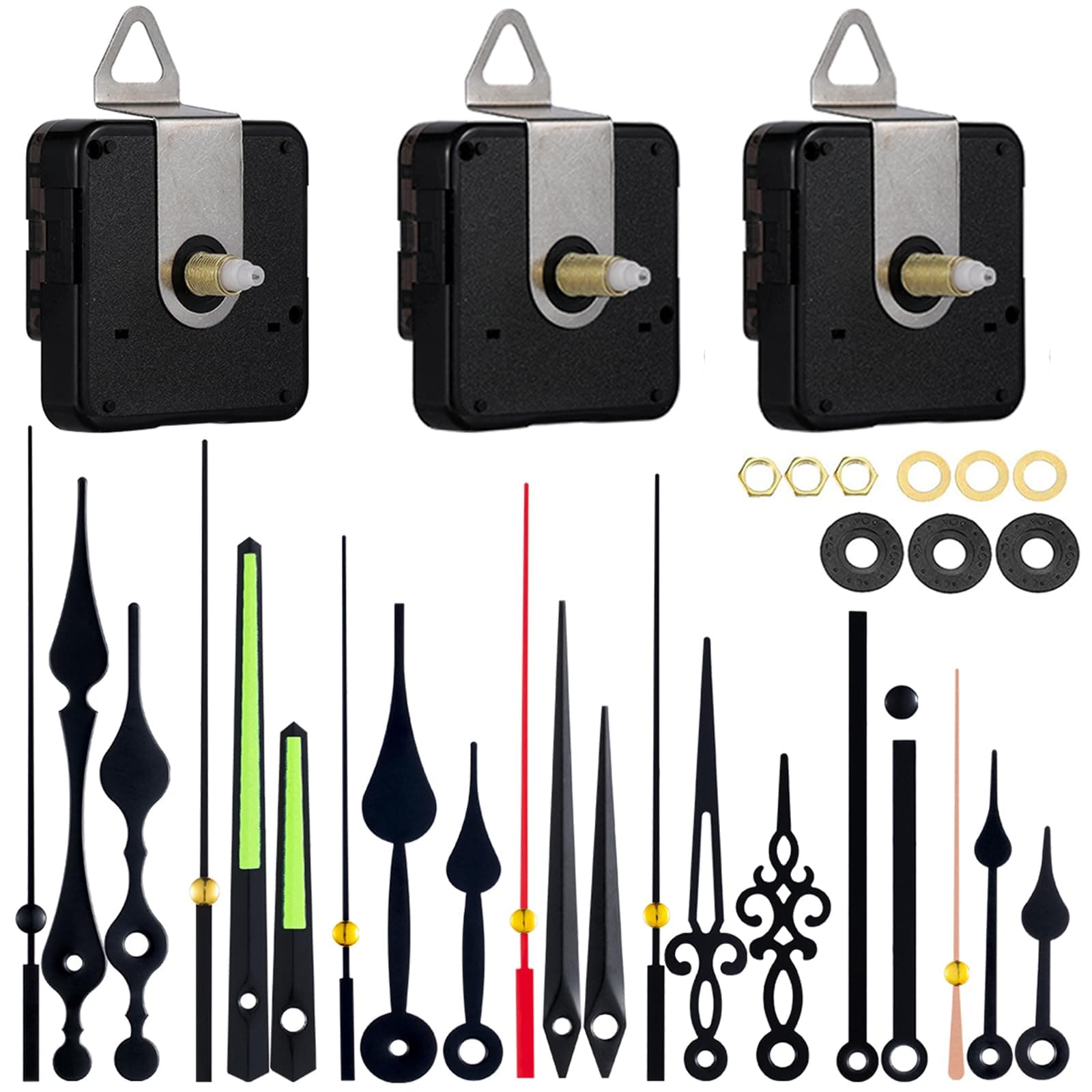EMOON 3 Pack Silent Clock Mechanism Replacement Kit, Quartz Clock Movement with 7 Sets of Hands, Battery Operated (Shaft 16mm, 20mm, 23mm)