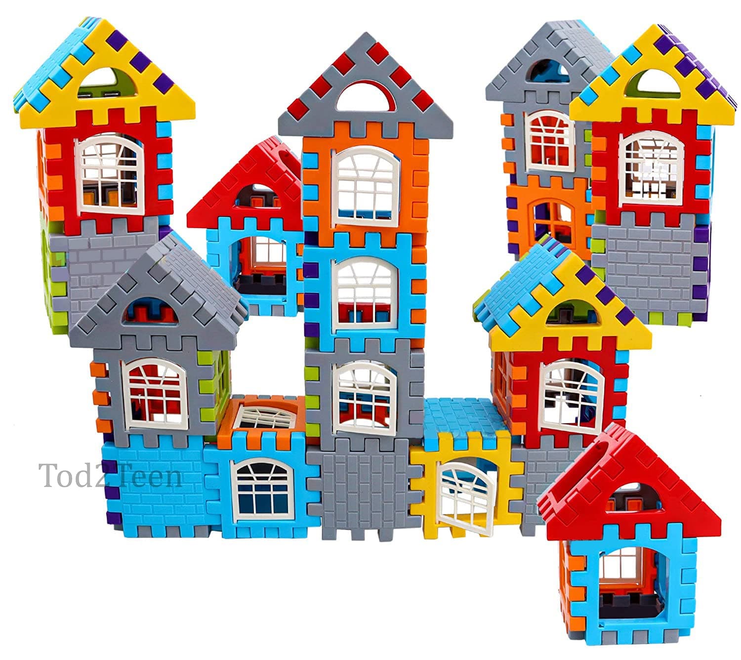 Medium House Building Blocks with Movable Windows, Indoor Brain Games, Motor Skills, Imagination, Creativity Small Blocks Toy Set for 3+ Year, Multicolor