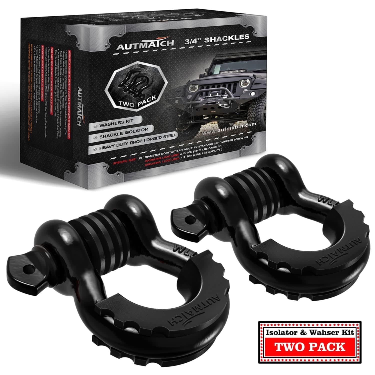 AUTMATCH D Ring Shackle 3/4" Shackles (2 Pack) 41,887Ibs Break Strength, Clevis Shackle with 7/8" Screw Pin and Shackle Isolator Washers Kit for Tow Strap Winch Off Road Vehicle Recovery, Black