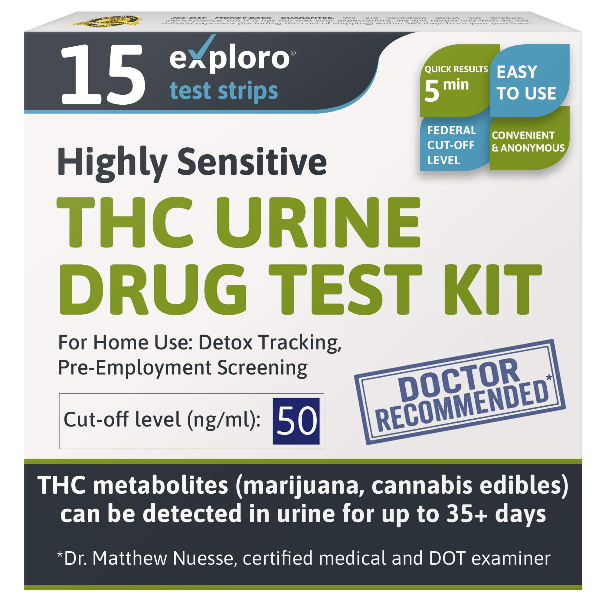 Exploro THC Tests for Home Use - Marijuana Drug Test Kit for Urine (15 Pack), Weed Detox Testing Kits with 50 ng/ml Cutoff Level