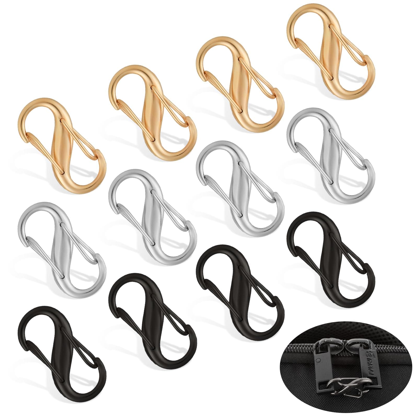 12 Piece Zip Puller Replacement Zipper Pulls, Anti-Theft Zipper Lock Clips, Dual Opening Spring Clips, Small Carabiner Clips For Camping Fishing Traveling Outdoor Sports