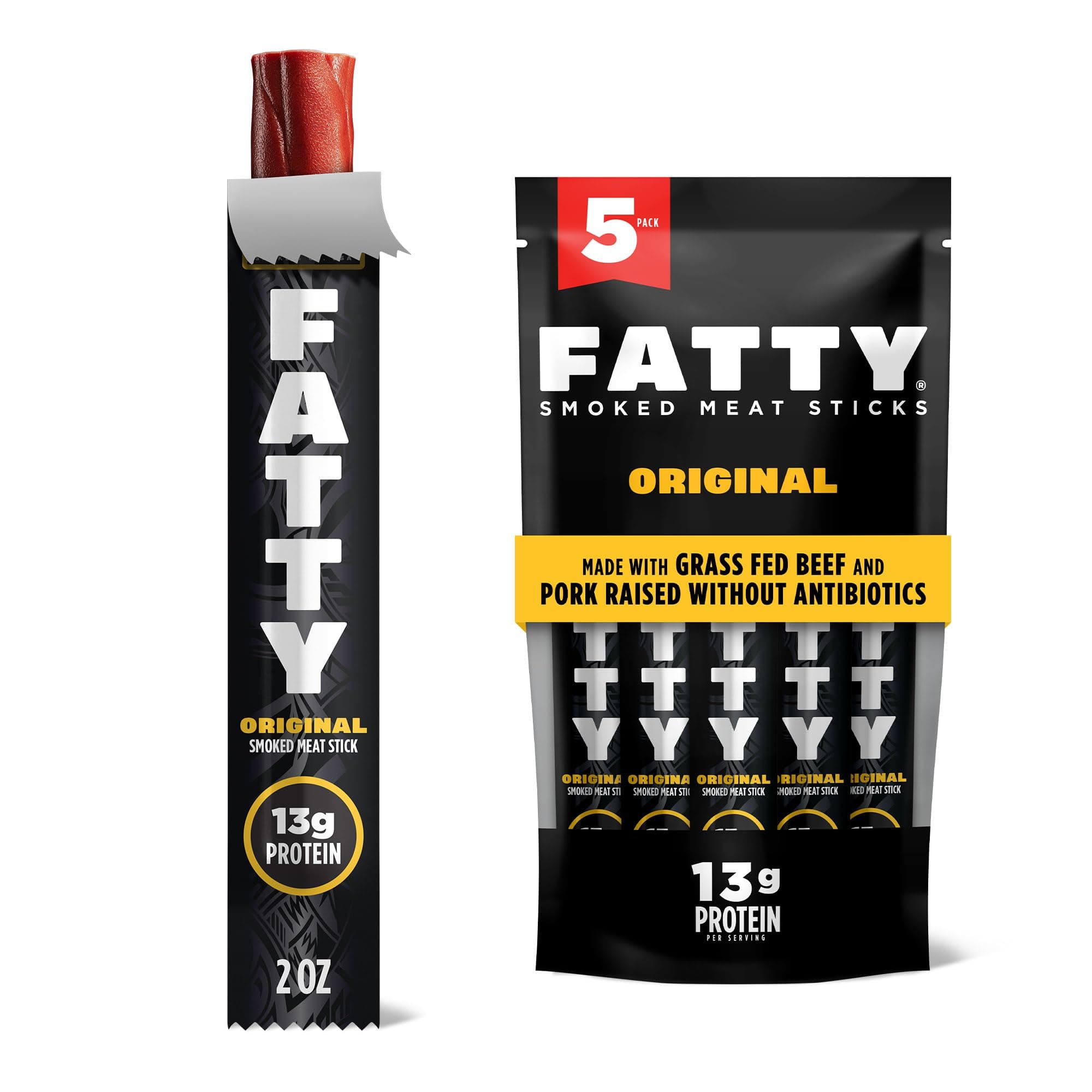 - Meat Sticks, Made with Grass Fed Beef, Pork Raised Without Antibiotics, 13g Protein Per Stick, Original, 2 oz. (Pack of 5)