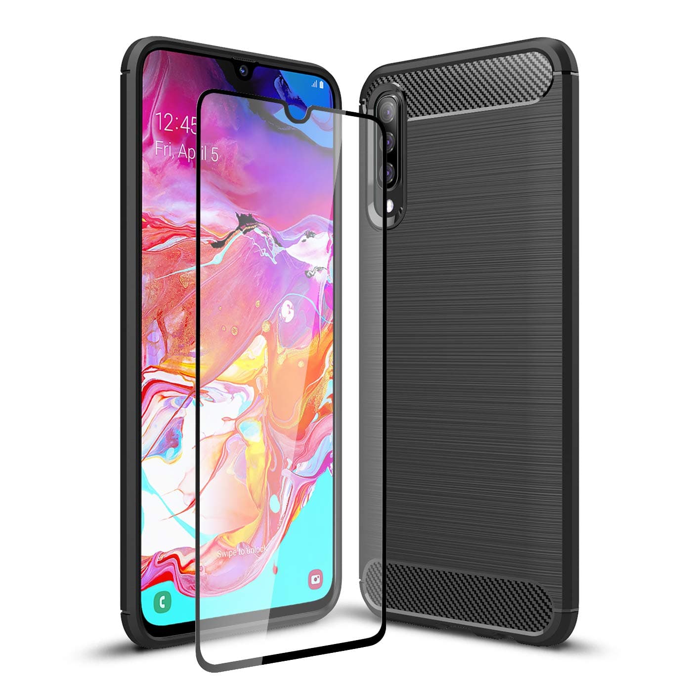 Olixar Samsung Galaxy A70 Case with Screen Protector - Case Compatible Tempered Glass - Tough Case - Front + Back Protection - Wireless Charging Compatible - Sentinel - Black