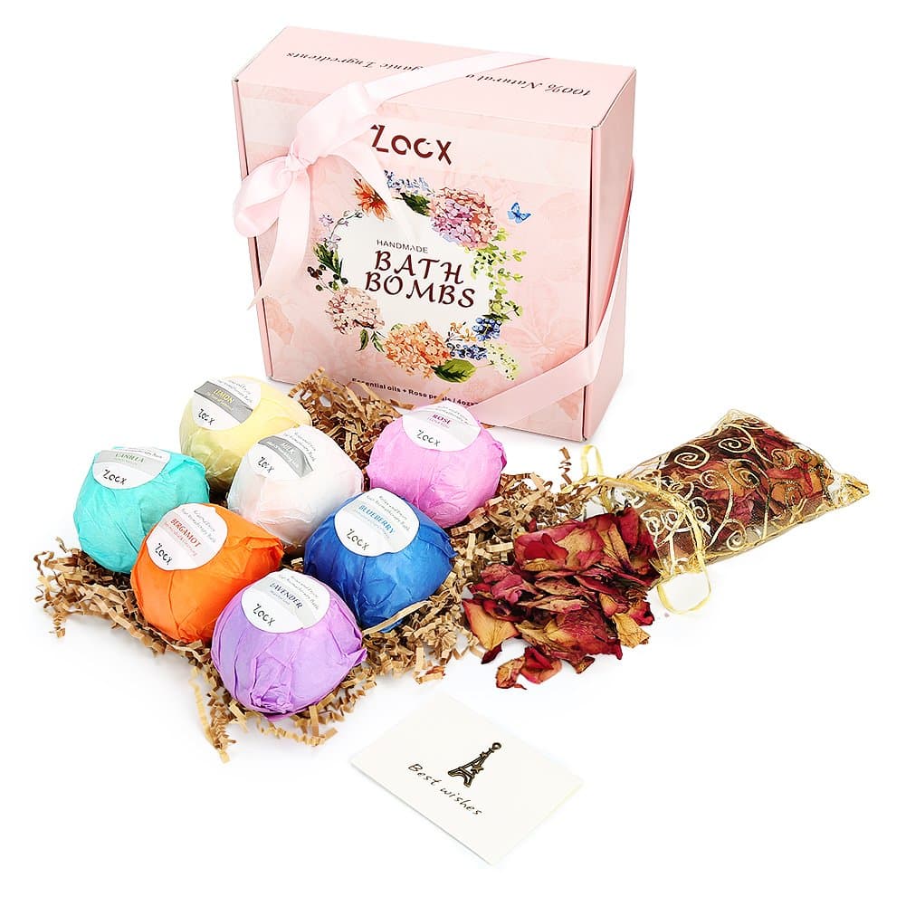Zacx Bath Bombs Gift Set, 7 x 4.0 oz Vegan Natural Essential Oils + Dried Rose Petals + Greeting Card, lush Fizzy Spa Moisturizes Dry Skin, Bubble Baths, Best Gift Kit Ideas