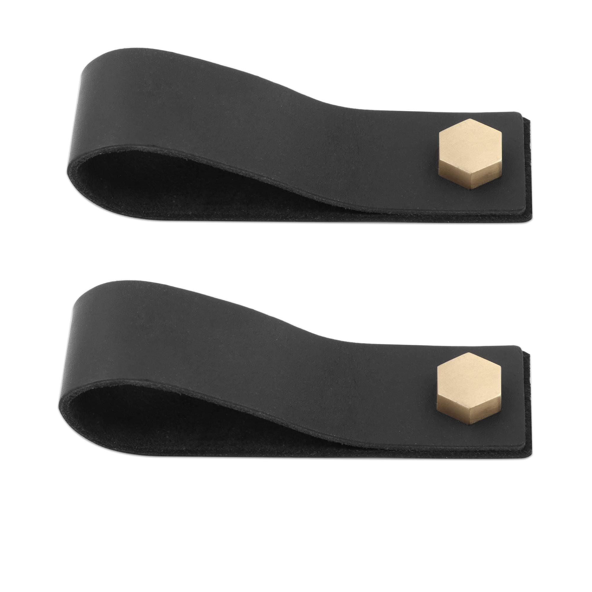 Cabinet Drawer Pull, Black, 9.1" Real Genuine Leather with Brass Hexagonal Hardware, Set of 2,Cristmas Gift