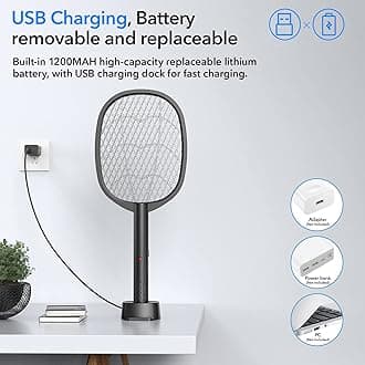 DEEZEE 2 Pack Electric Fly Swatter 2 in 1 Bug Zapper Racket & Mosquito Zapper,4000V with USB Charging Base，Powerful Mosquito Swatter with 3 Layers of Safety Net Suitable for Indoor and Outdoor…