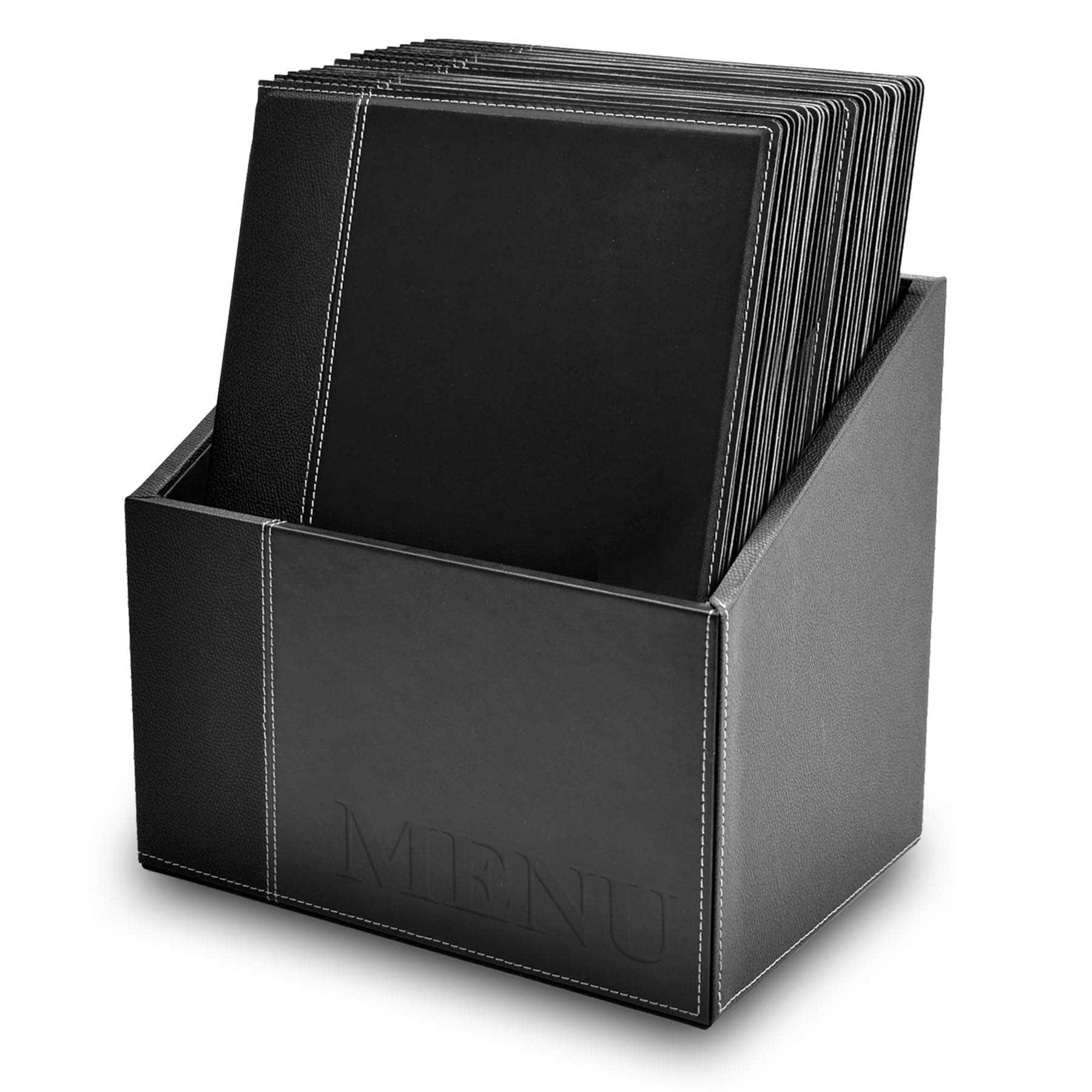 Securit Classic Leather Menu Range Faux Leather a4 Menu Holders in Matching Storage Box Displays 4 Inner Pages Pack of 20 Restaurant Cards in Box Black