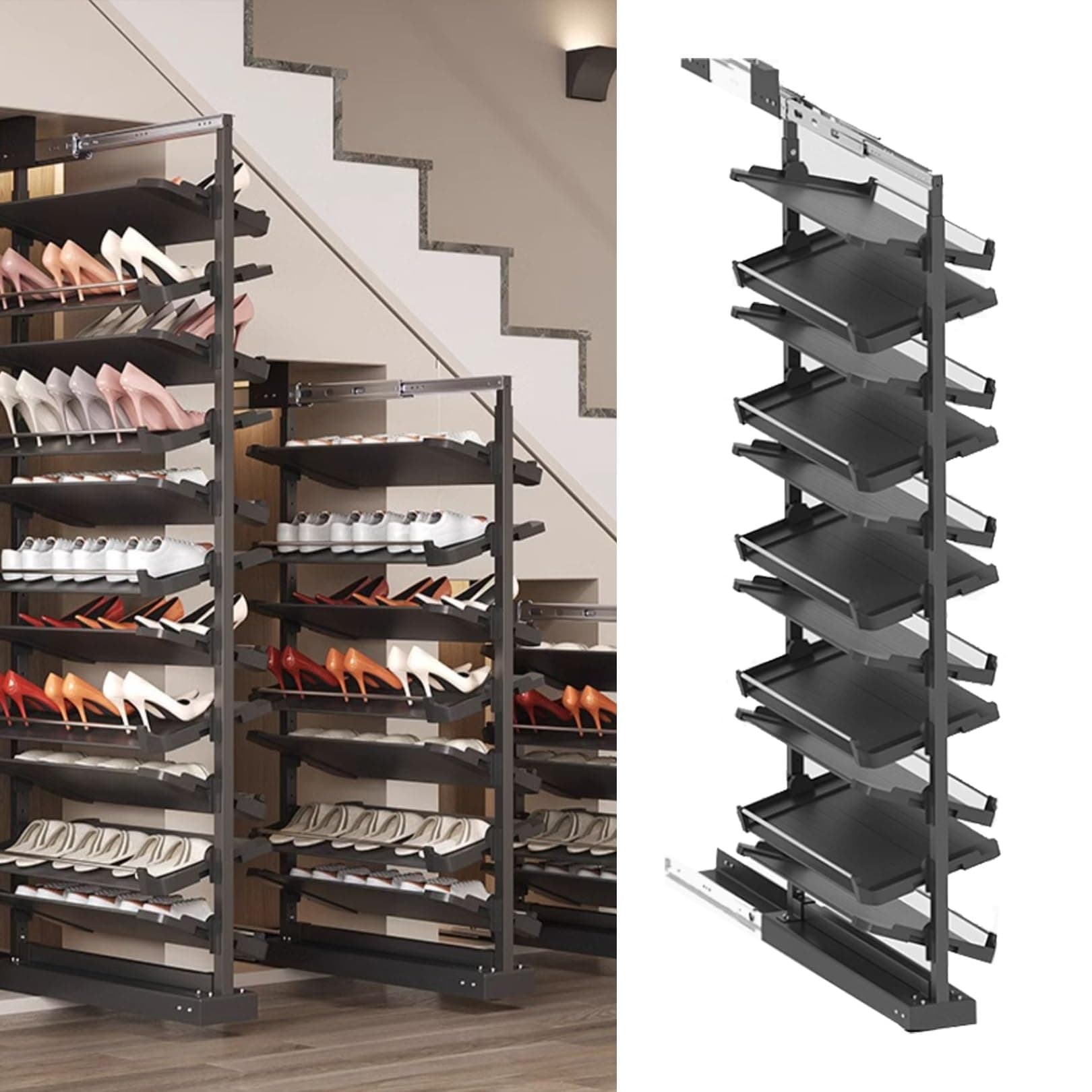 Pull-Out Shoe Rack Organizer for Closet Shoe Cabinet,Adjustable Height Retractable Metal Stackable Shoe Rack, Vertical Shelf Organizer for Small Bedroom Closet, Space Saving Storage, Black(85cm,11 Tie