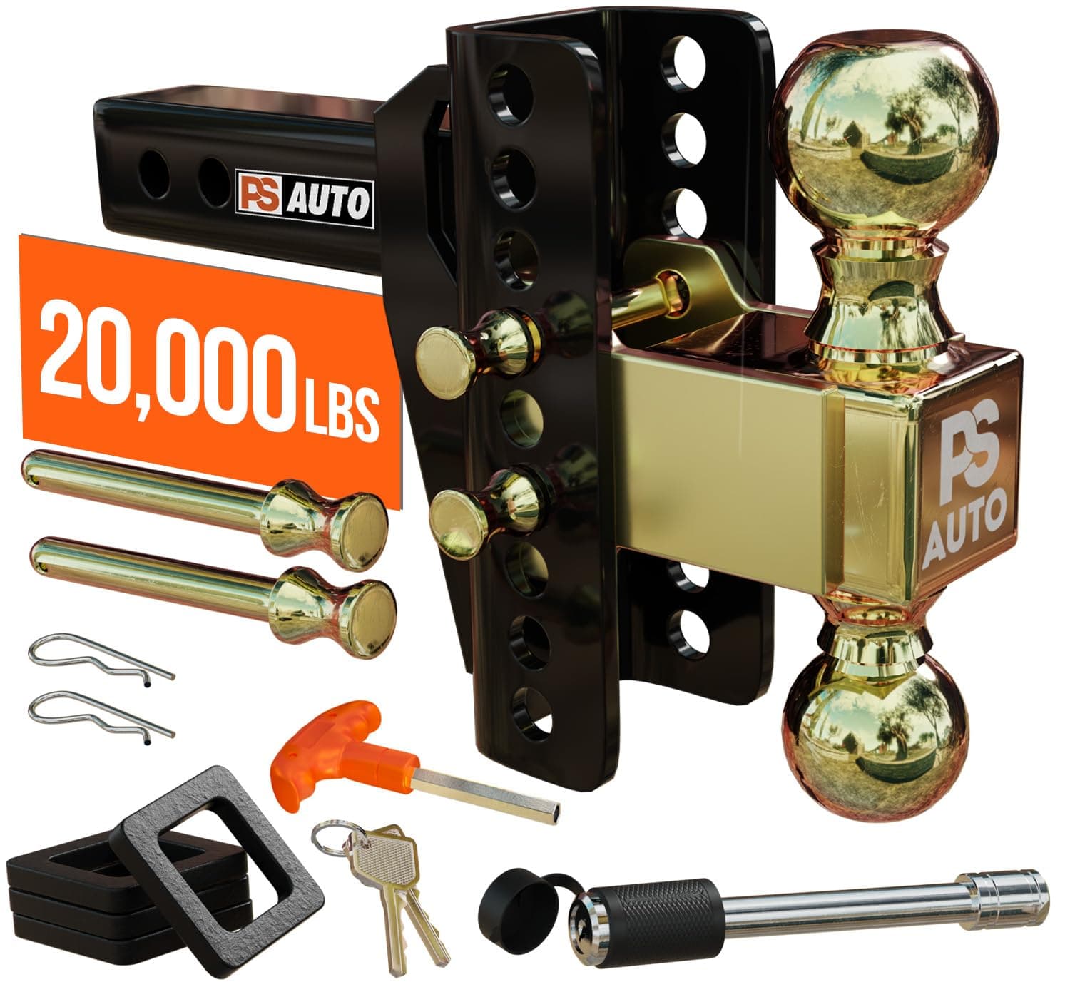 PSAUTO Adjustable Trailer Hitch - 20,000 LBS, 2 and 2-5/16 inch Balls, Solid Tube Hitch - Gooseneck Hitches for Motorcycle & Powersports