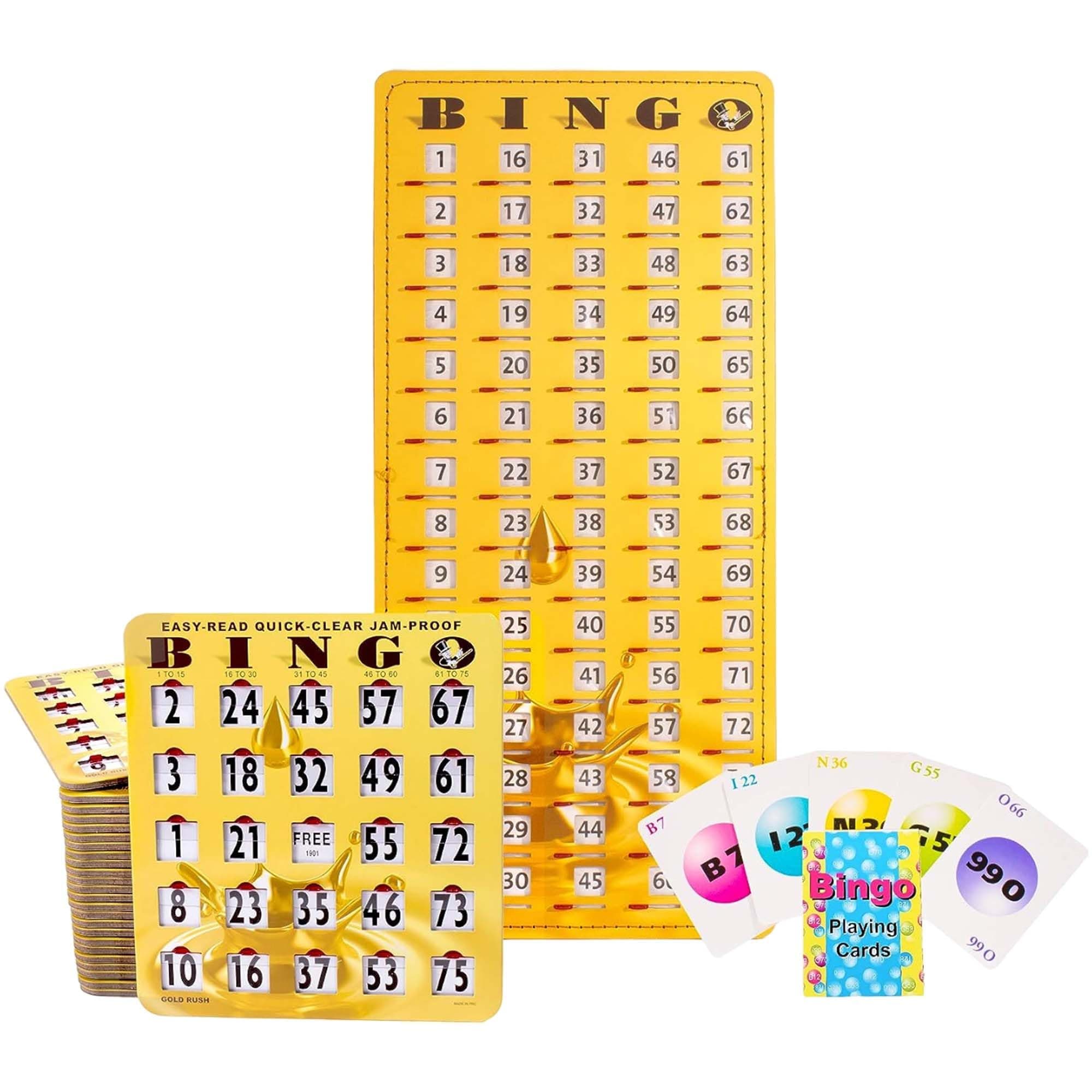 MR CHIPS Jam-Proof Bingo Cards with Sliding Windows, 25 Reusable Shutter Cards, 75 Calling Cards 1 Master Board in Gold Rush Style