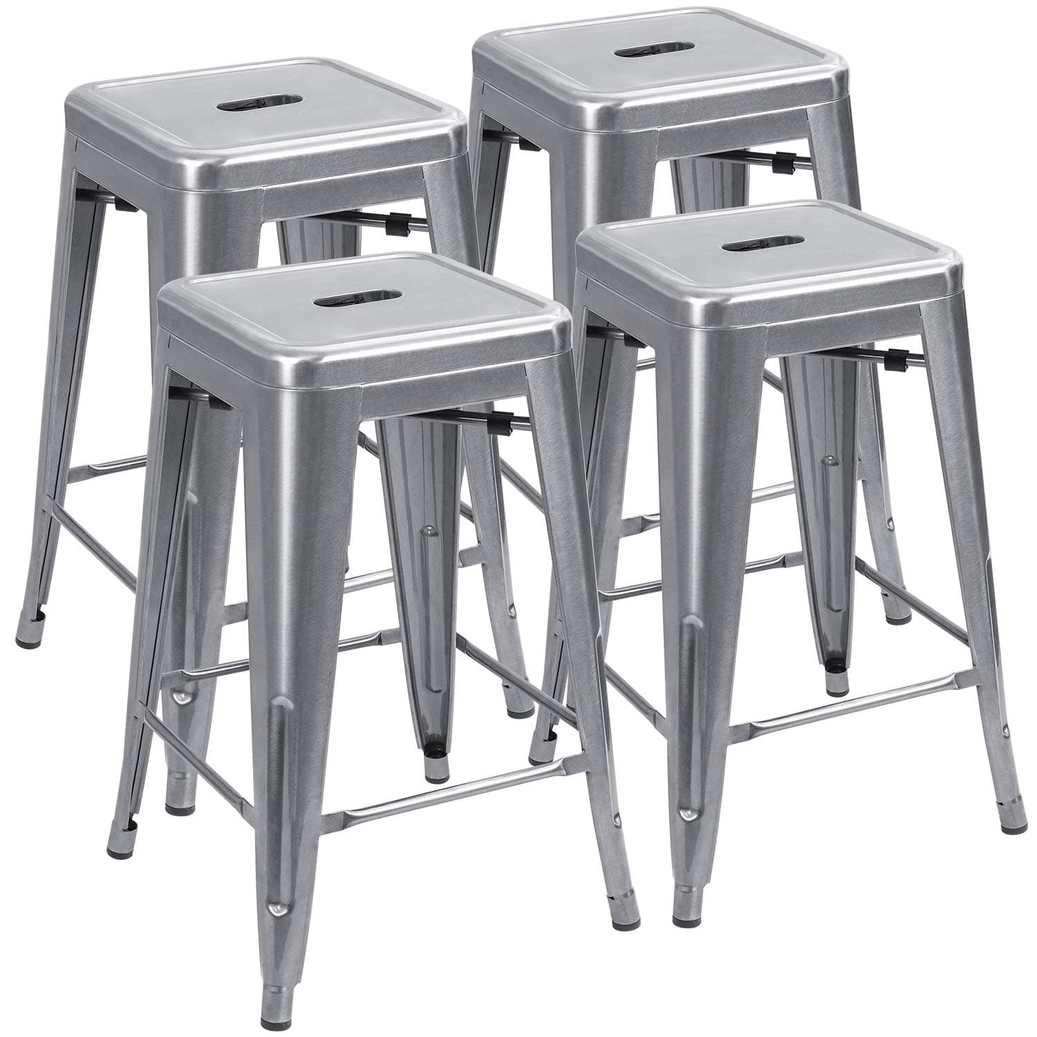 JUMMICO 24 Inches Metal Bar Stools Industrial Barstools Stackable High Backless Stools Vintage Indoor Outdoor Stackable Kitchen Stools Set of 4 (Silver)