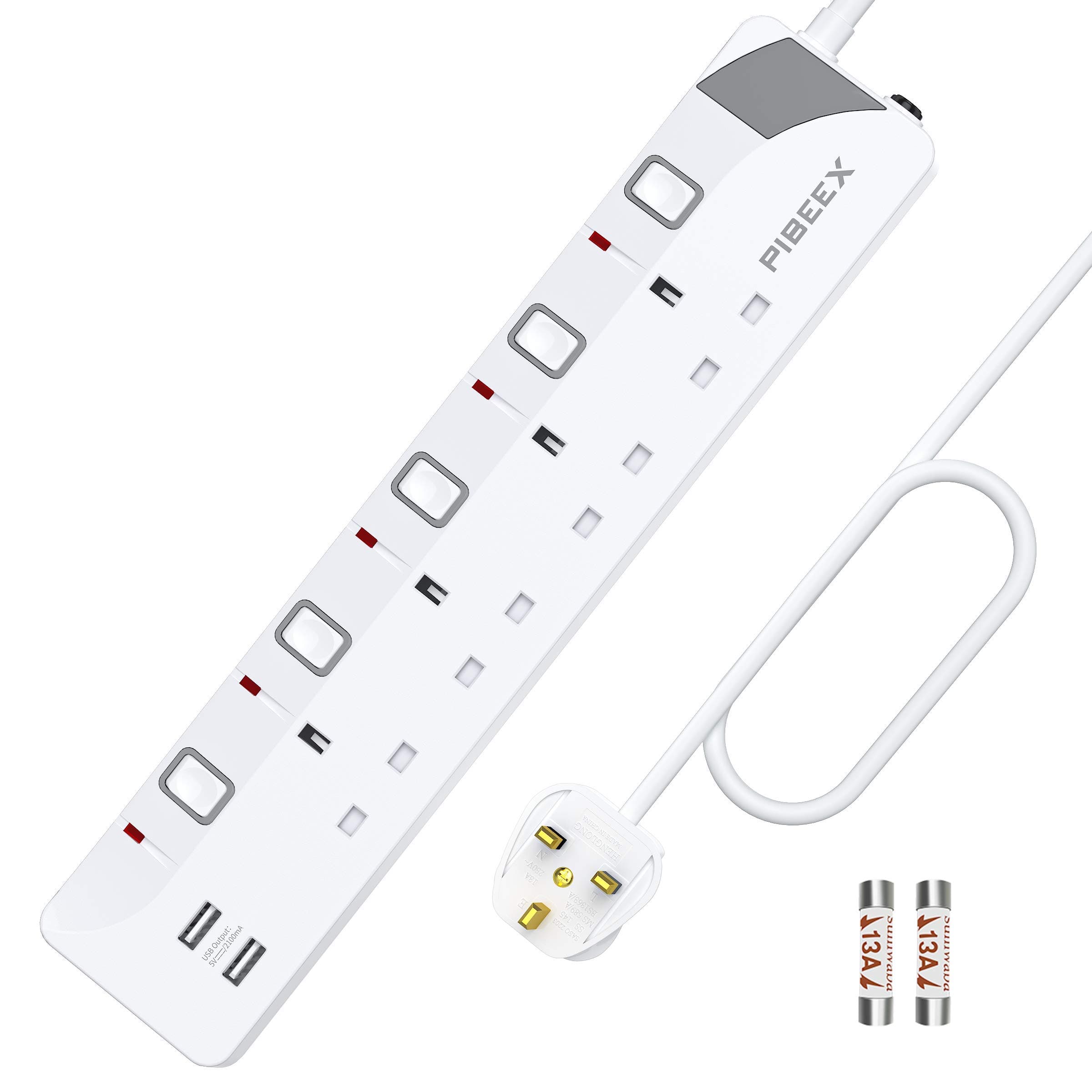 Extension Lead with 4 Way Plug Sockets, Wall Mountable Extension Socket with Individual Switches and 2 USB Charging Ports, 13A 3250W, 2M Extension Cord