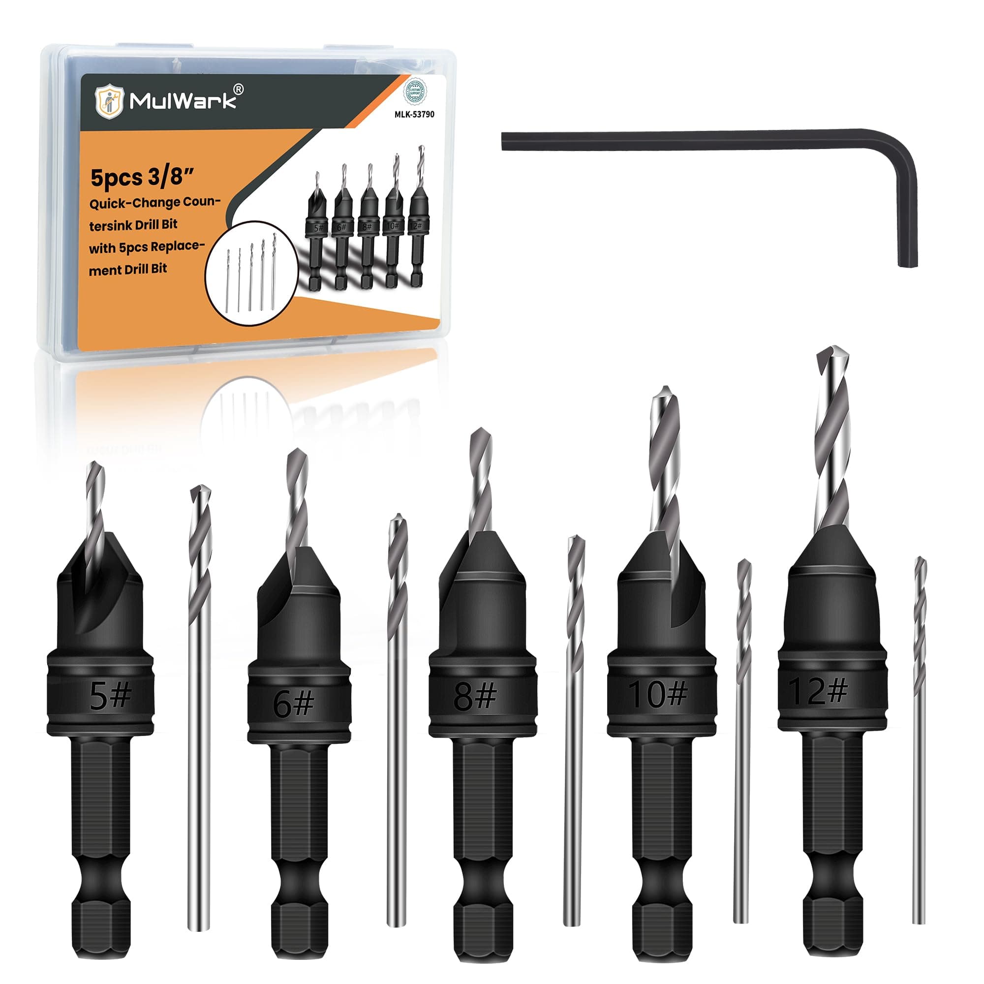 MulWark Countersink Drill Bit Set, 11PCS Adjustable Tapered Drill Bit and Counter Sink Bits for Wood, HSS Woodworking Set with Allen Wrench, #5#6#8#10#12, 3/8" Quick Change Hex Shank, Storage Box