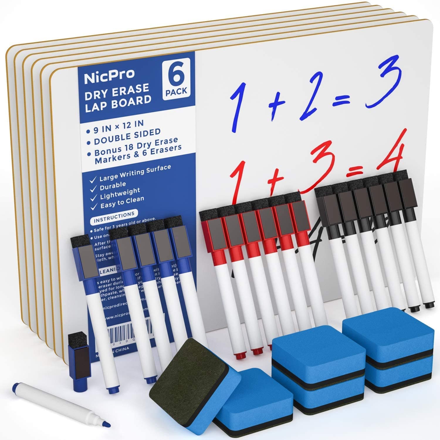 Nicpro 6 Pack Dry Erase Lap Board Kid Double Sided Small Whiteboard 9 x 12 inches with 18 Pens and 6 Erasers Learning Mini White Board Portable Bulk School Supplies for Student and Classroom Use