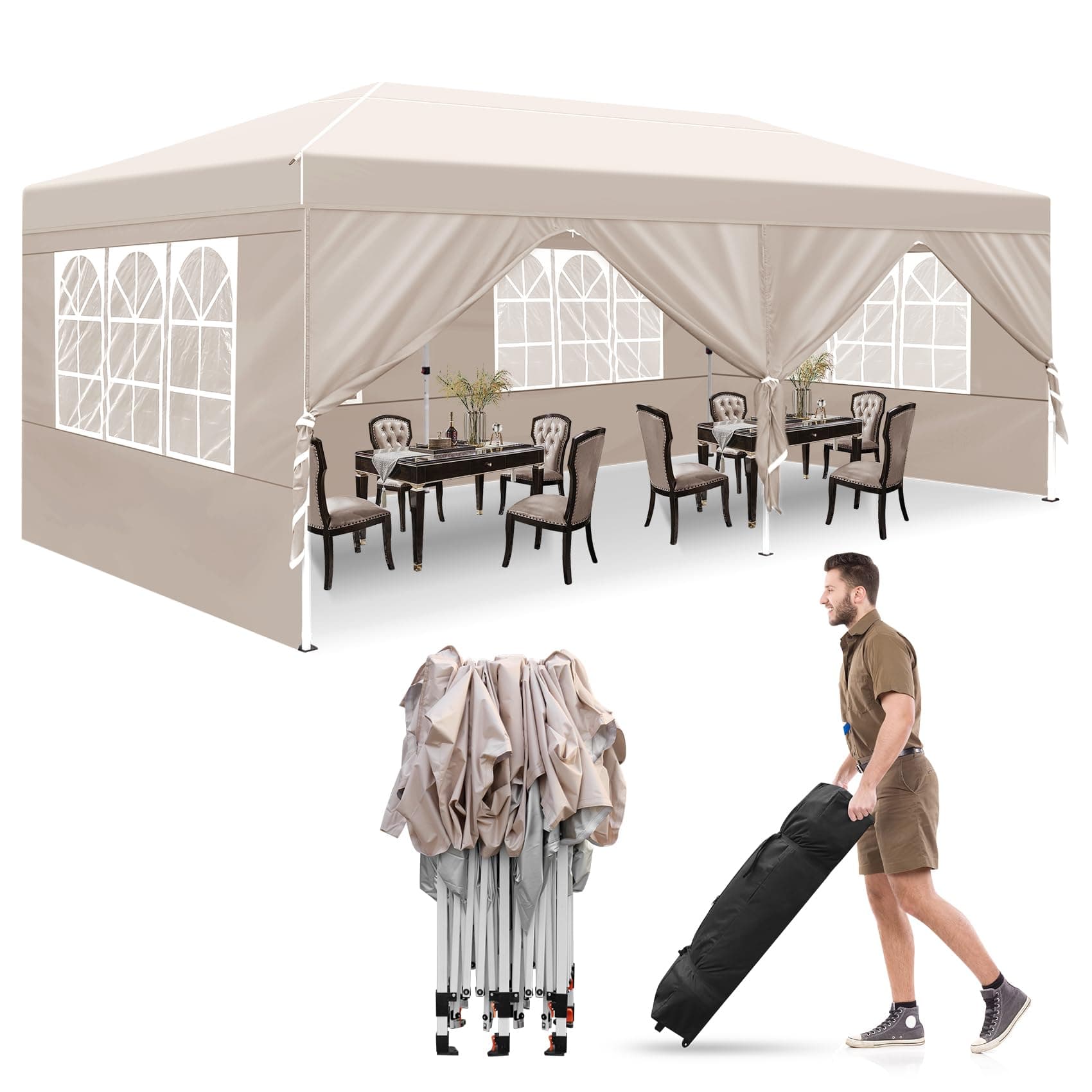 Pop up Gazebo 3m x 6m with 6 Sides, Ej.Victor Heavy Duty Gazebo Marquee with Sun Protection and Waterproof, Party Tent with Wheeled bag and 6 Sandbags Beige