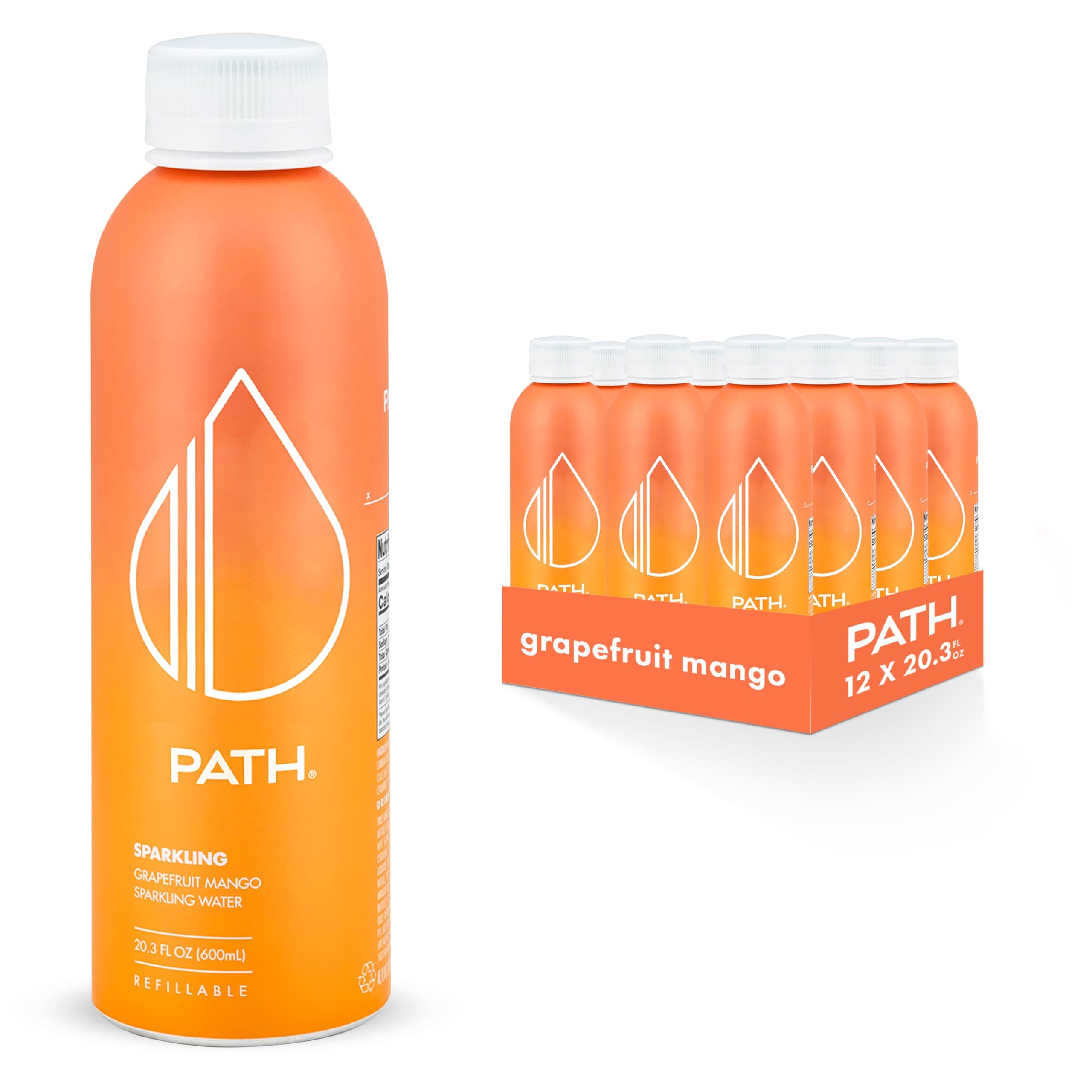 PATH Grapefruit Mango Flavored Sparkling Water - Ultra-Purified, pH-Balanced Carbonated Soda Water in Aluminum Water Bottle - BPA Free, Light, Reusable, Infinitely Recyclable 20.3 fl oz (Pack of 12)