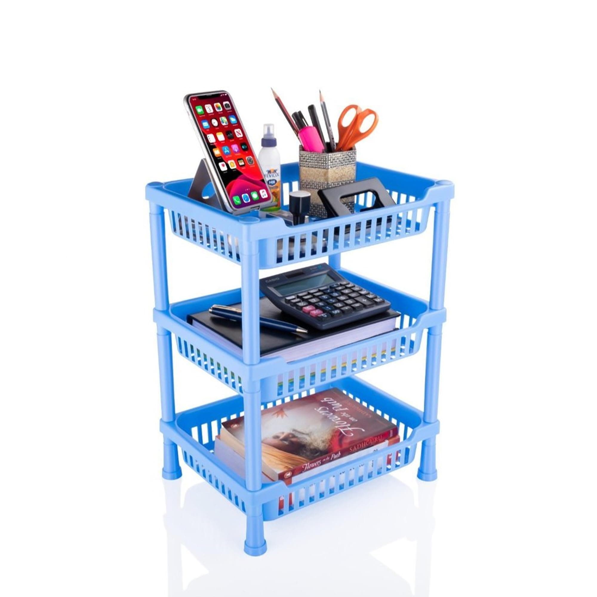 Sulfar Nixy Series 3-Layer Plastic Storage Trolley with Dish Rack | Multipurpose Organizer for Kitchen Vegetables, Fruits, Snacks, Bottles & Toys – Stackable Shelf Cart