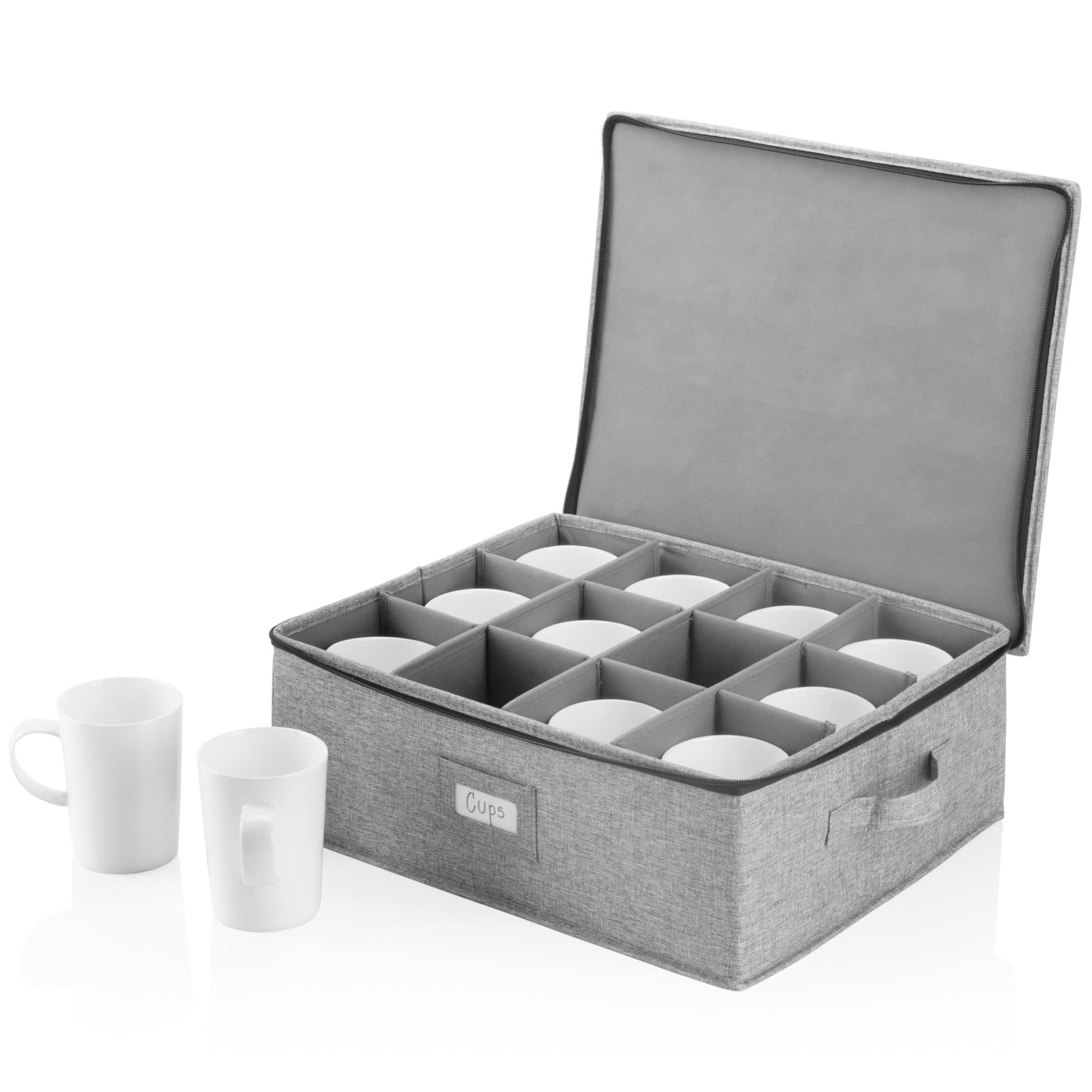 Cup Storage Container - 16" x 13" x 6"H - Holds 12 Coffee Cups - Tea Cups - Mugs - Hard Shell and Stackable - Includes Insert Card for Labeling and Padded Dividers