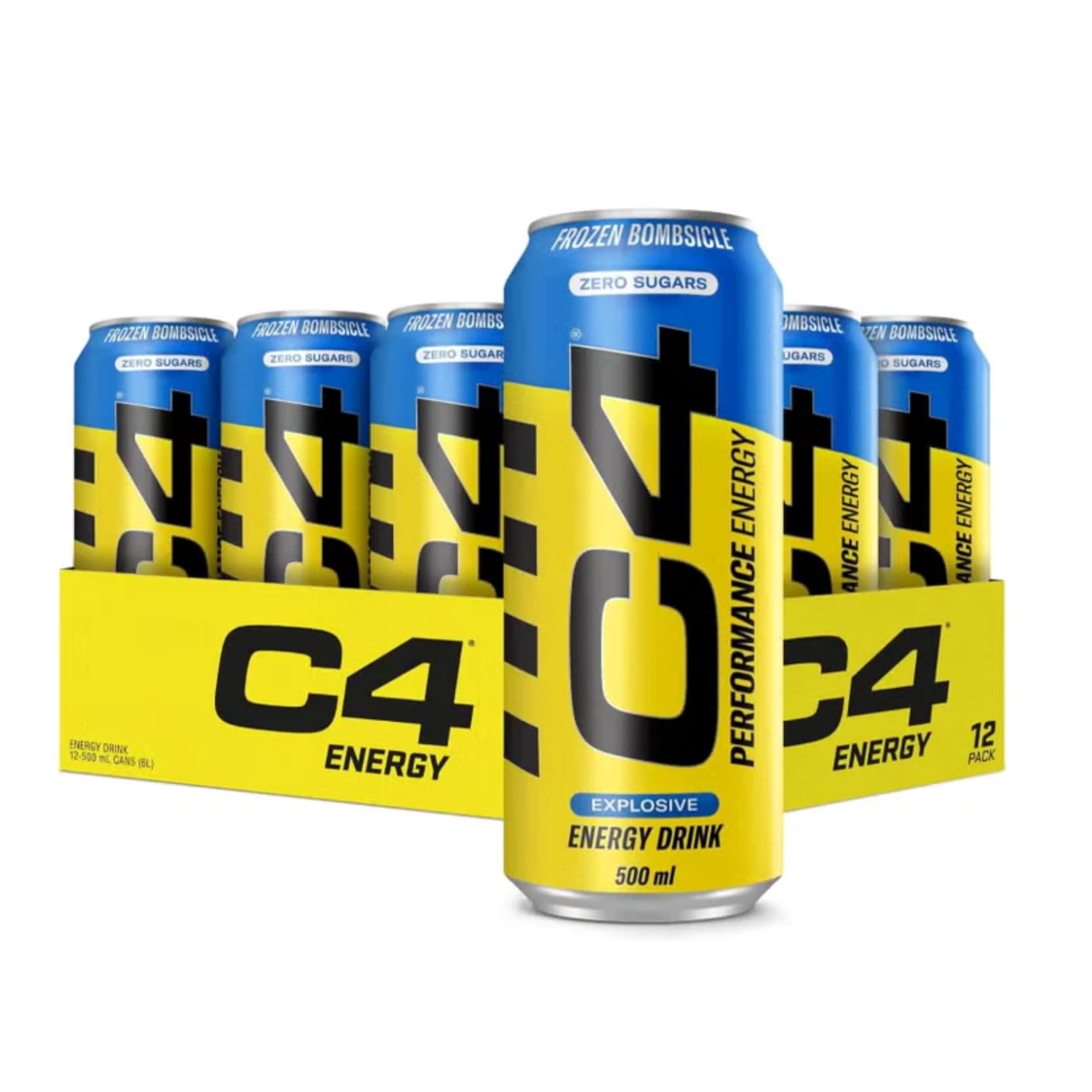 C4 Explosive Carbonated Energy Drink | Zero Sugar, Low Calorie Pre-Workout with 160mg Caffeine, Beta-Alanine & Taurine | Energy for Focus & Performance | Frozen Bombsicle | 500ml Cans | Pack of 12