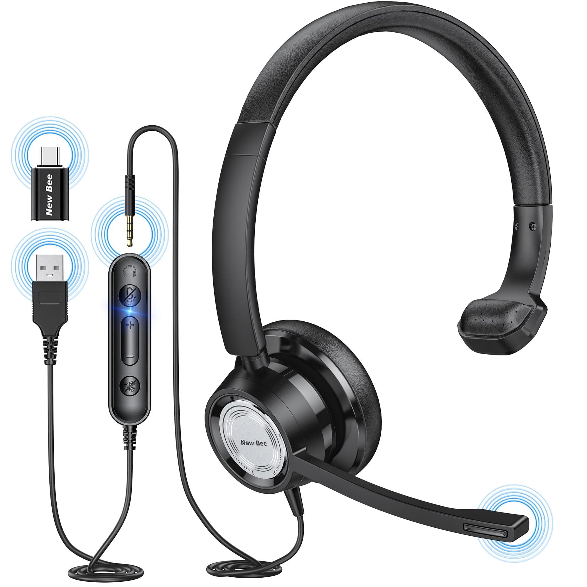 USB Headset with Microphone for PC Computer Headset, Single Ear Noise Cancelling Mic, Call Center Wired Headphone with 3.5 mm/USB/Type C for Skype Zoom Tablet Laptop