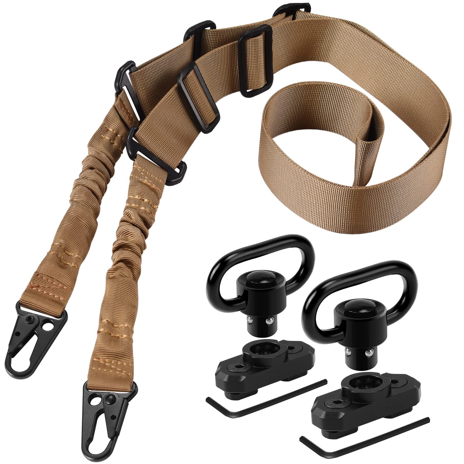 REERON Two Point Traditional Sling with Mounts - Adjustable Extra Long Two Point Traditional Sling with 2 Pack 1.25" QD Sling Rail Swivel Mounts for Mlock