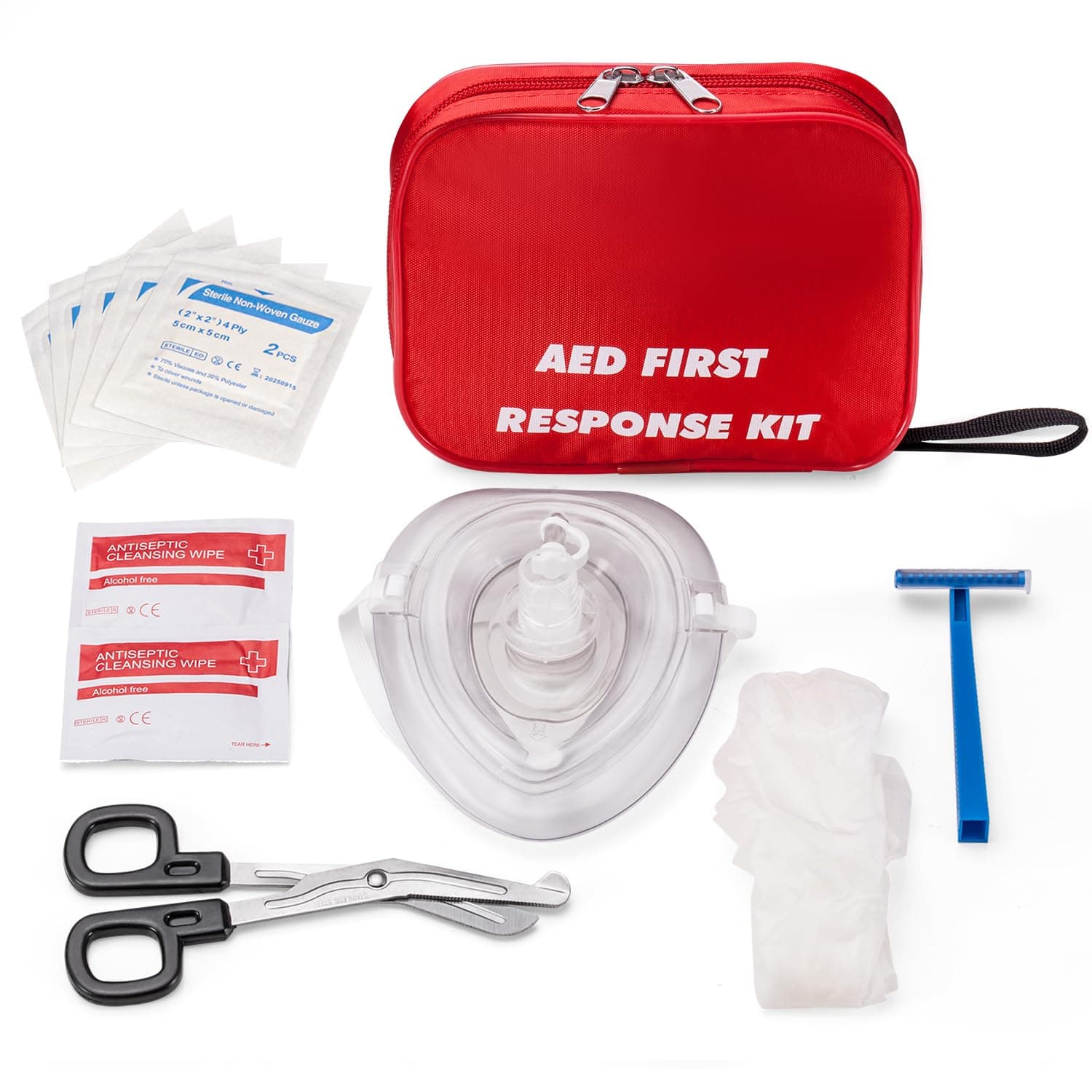 AED First Kit with CPR, Gloves, Razor, Scissors, Gauze Pads, and Cleansing Wipes for AED Training