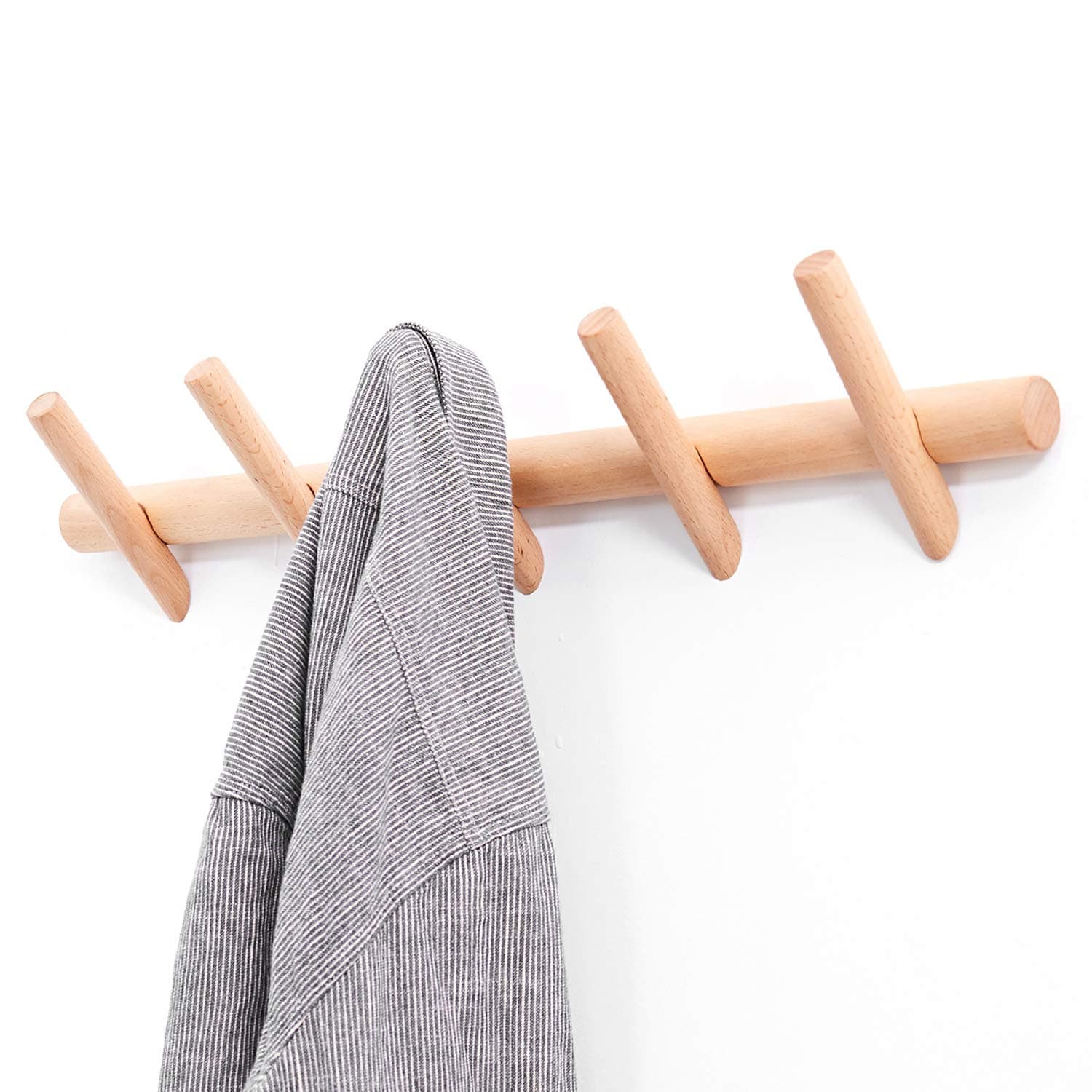 Wood Coat Hooks Wall Mounted Hat Rack Tower Hanger Wall Hooks Decorative Hanger with Pegs Entryway Bedroom Bathroom（Beech Wood,5 Hooks）