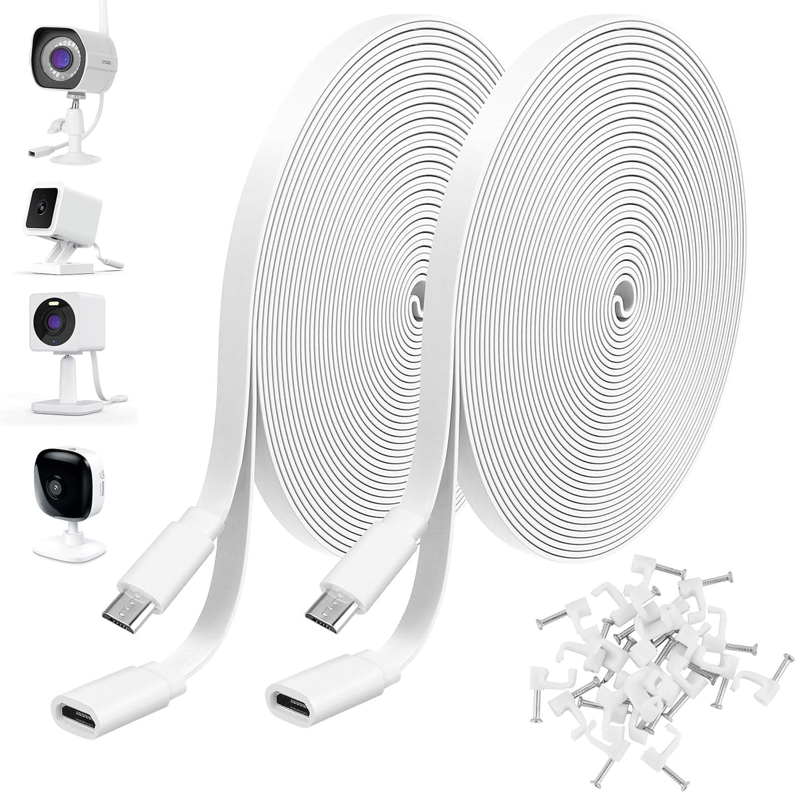 Uogw 2Pack 10ft/3m Micro USB Extension Cable Compatible with Wyze Cam V4,Wyze Cam OG,WYZE Cam Pan,Wyze Cam V3,Zmodo,Kasa Camera EC60,KC100,KC400,Male to Female Extender Cord,Flat Charging Cable