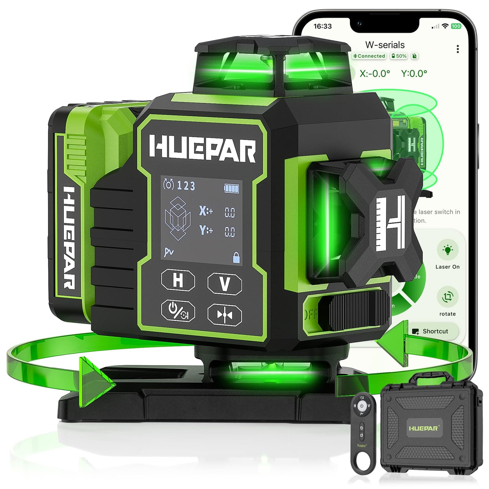 Huepar Laser Level 360 Self Leveling, W04CG Upgraded 4x360° Bluetooth Construction Lazer Leveler Tool with Electric Rotating Base & Large LCD Screen, 4D 16 Lines Green Cross Laser Level