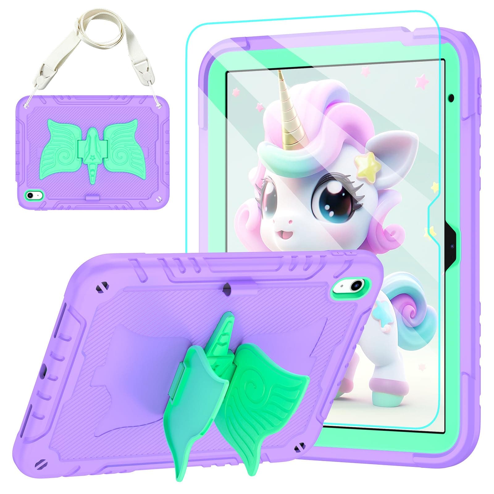 for iPad 10th Generation Case 10.9 Inch 2022 with Tempered Glass Screen Protector,Unicorn Stand & Pencil Holder Shoulder Strap,Shockproof for iPad Case 10th Gen Kids Girls (Purple)