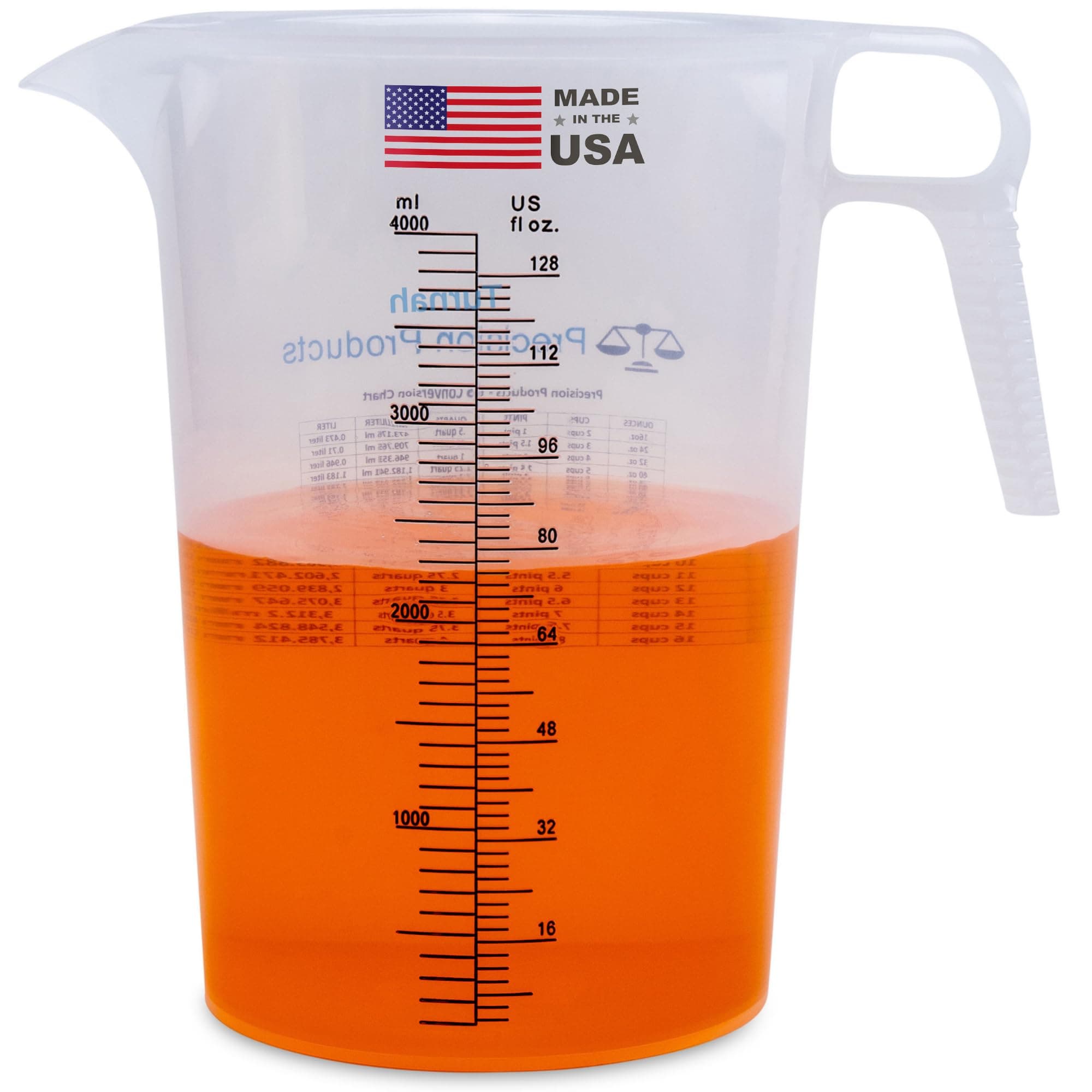 One Gallon 128oz Measure Pitcher - Convenient Conversion Chart - Strong Food Grade - Great for Lawn, Chemicals Pool, Ag, Lye, Home Hobbies, Motor Oil, Fluids - Turnah Precision Products, Made in USA