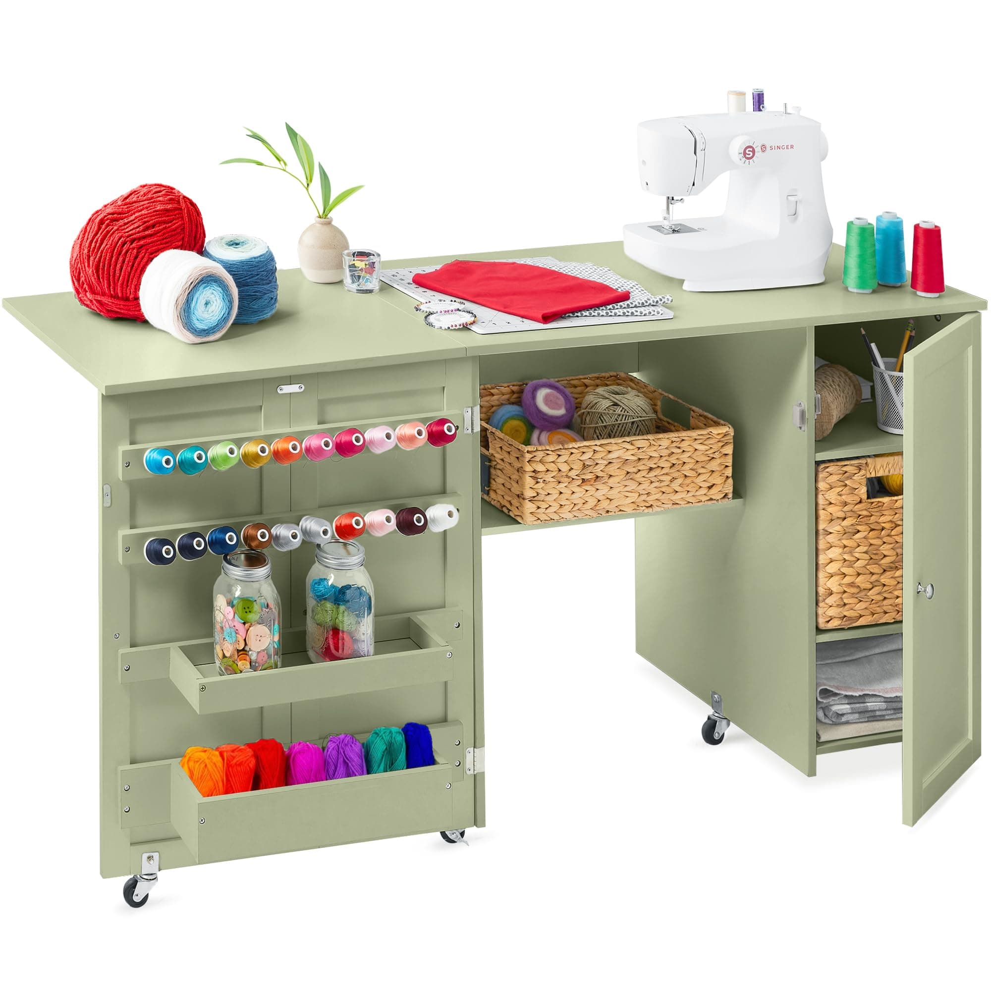Best Choice Products Large Folding Sewing Table, Multipurpose Portable Craft Station & Side Desk w/Compact Design, Caster Wheels, Storage Shelves, 2 Storage Trays, Magnetic Doors - Light Green