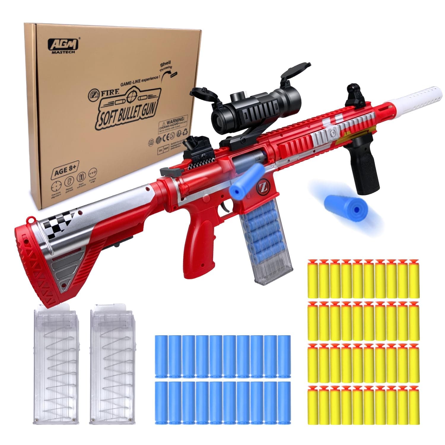 AGM MASTECH 416 Foam Blaster, Shell Ejecting Model with 40 Darts, 2 Mags. Realistic Tactical Gear for CS Games, Outdoor Matches, Teens 14+ & Adults (Red)