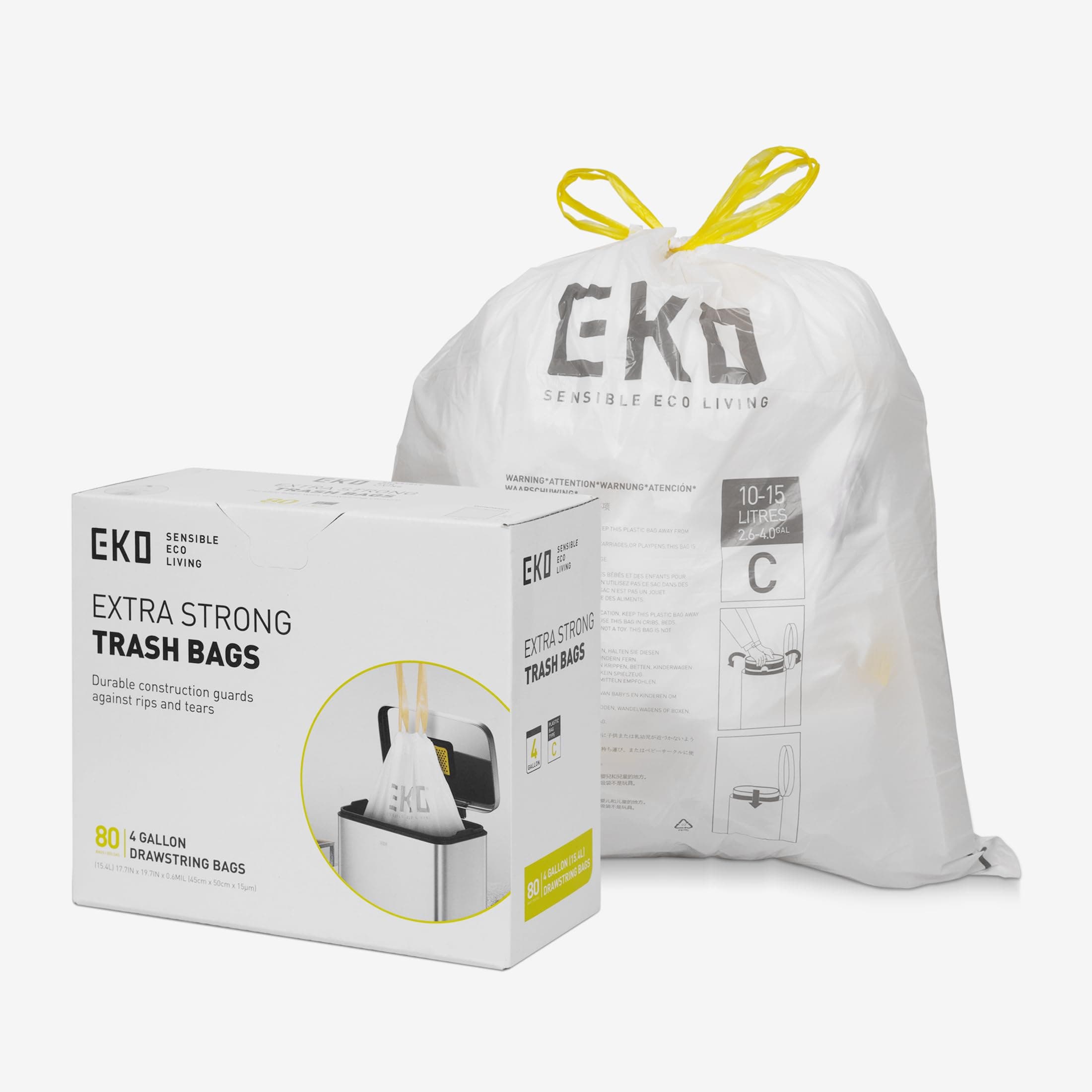 Easy-Dispense Roll 80 Count Extra-Strong Drawstring Small Trash Bag, 4 Gallon Trash Bag (10-15L) 80 Pack White, Code C