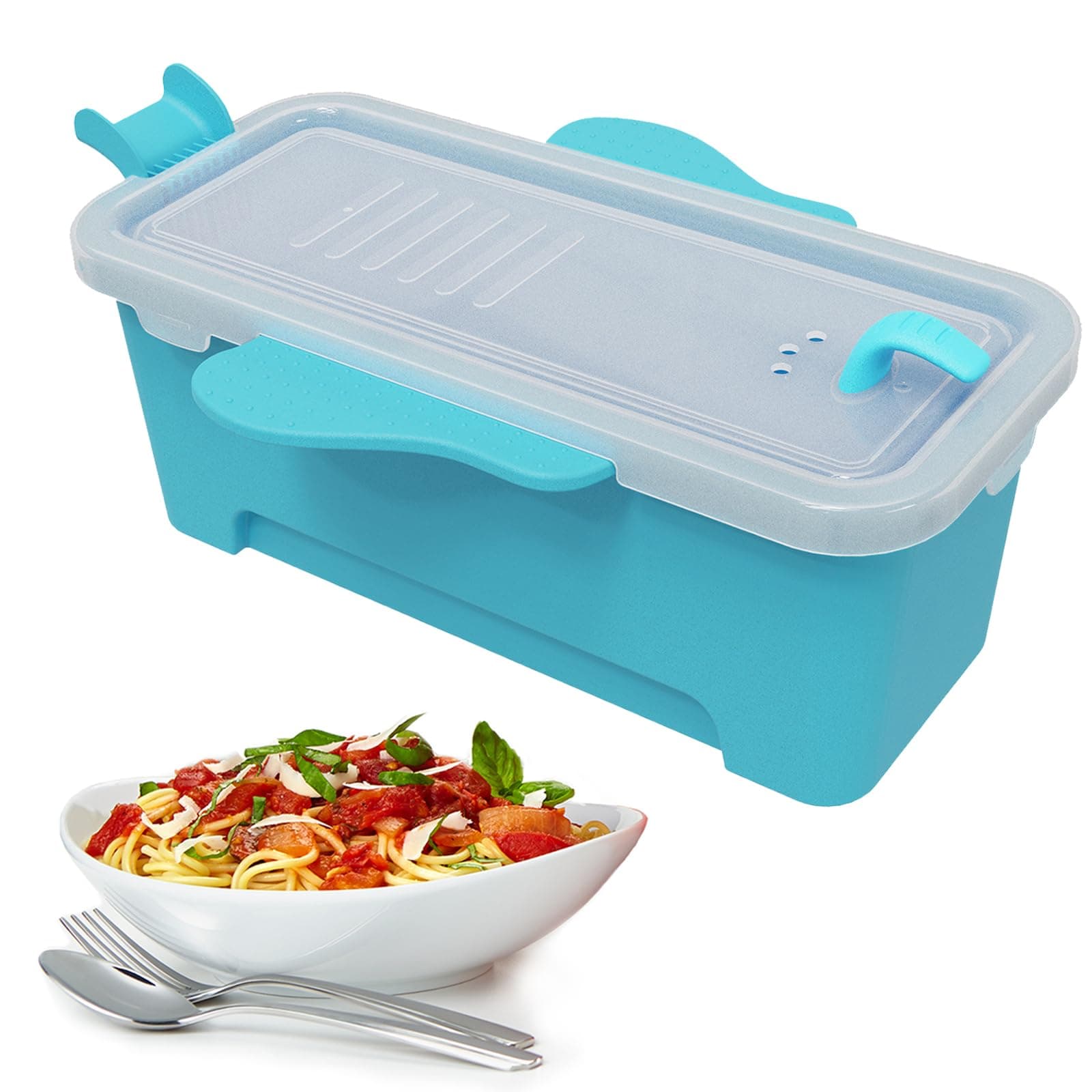 68OZ Microwave Pasta Container Cooker with Strainer. Quickly Cooks up to 4 Servings Pasta, Cute Elephant-Shaped Multifunctional Cooker for Dorms, Kitchens or Offices. (Blue)