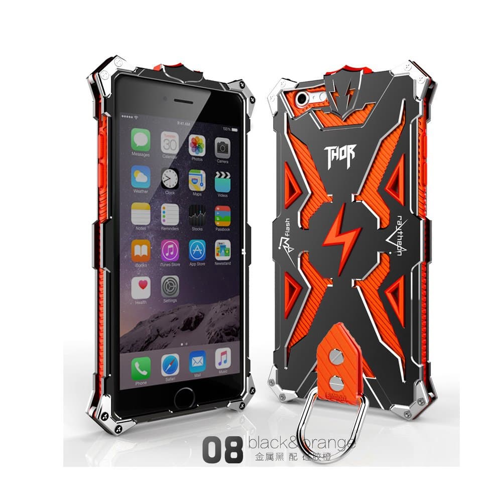 iPhone 6s Plus Case, Mattaxly Thor Shark Series Cool [Shockproof] [Hard Metal Bumper] [Soft Tpu Inner] [Toughened Glass Screen] [Cramp Ring] Tank Case Cover for iPhone 6/6s Plus (Black & Orange)