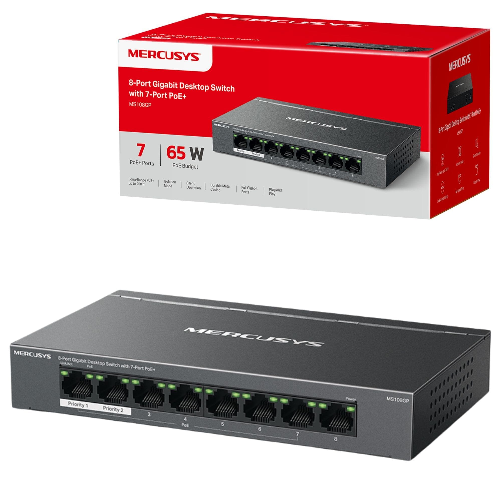 MERCUSYS - 8-Port Gigabit Computer Switch with 7-Port PoE+, 65W PoE, Support 802.3af/at PDs, Power Management, Metal Case, Plug & Play, No Configuration Required (MS108GP)