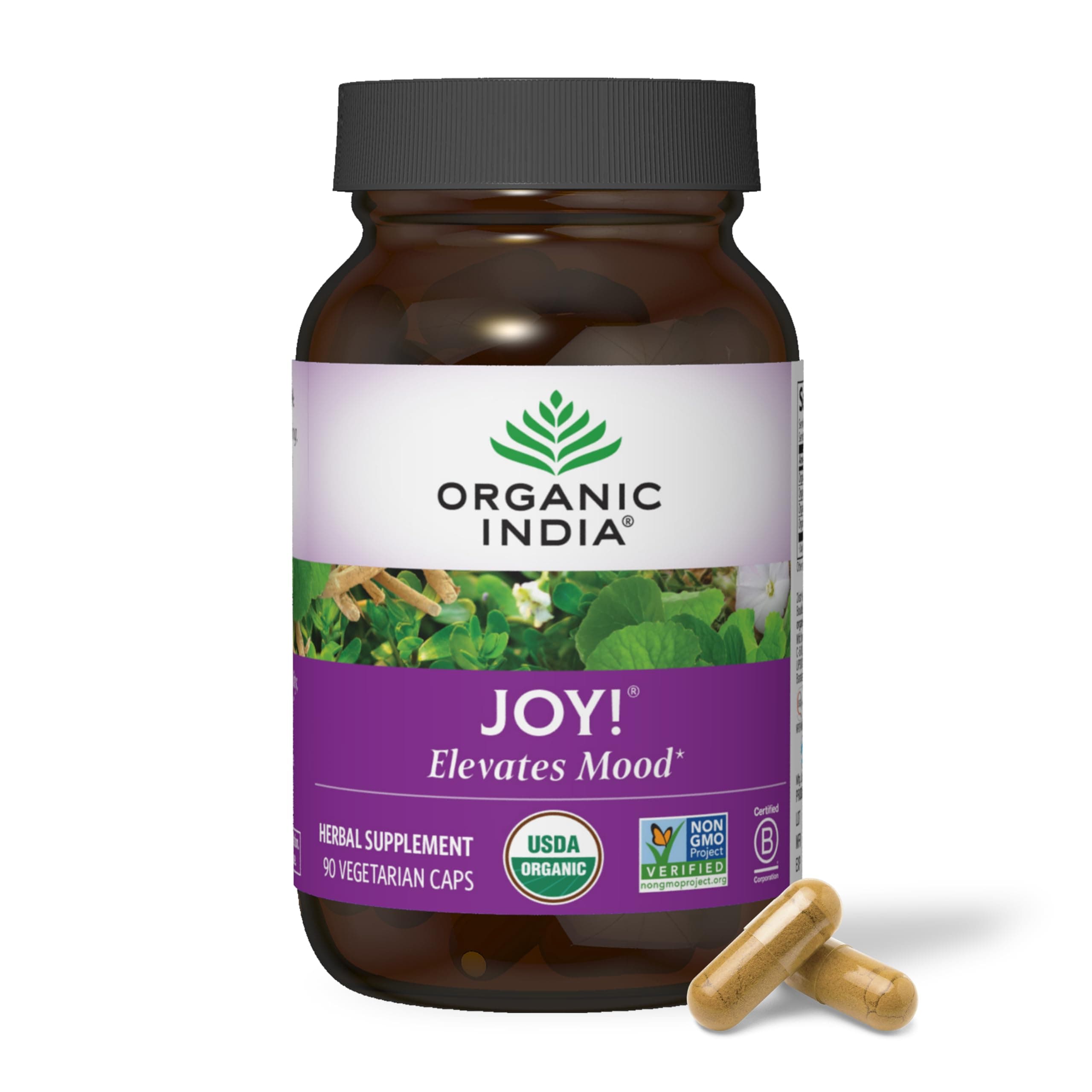 ORGANIC INDIA Joy Herbal Supplement - Immune Support, Promotes Memory & Concentration, Vegan, Gluten-Free, Kosher, USDA Certified Organic, Non-GMO, Calming - 90 Capsules