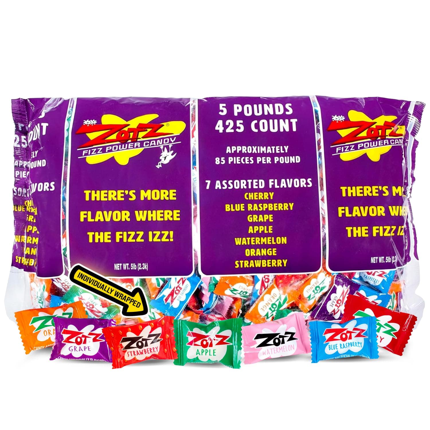 Fizzy Bulk Candy (Assorted, 425 Units)- Hard Candy Individually Wrapped- Assorted 7 Fruit Flavors, Cherry, Watermelon, Strawberry, Blue Raspberry, Apple, Orange & Grape- From Italy Since 1970