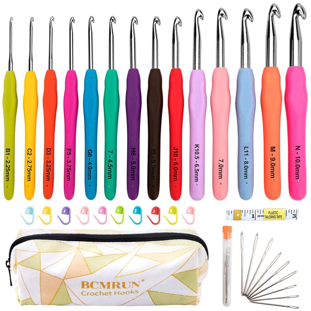 BCMRUN Crochet Hooks Set,14 PCS 2mm(B)-10mm(N) Ergonomic Soft Grip Handles Yarn Knitting Needles Kit with Case for Arthritic Hands, Extra Long Knit Needles, Best Gift for Women