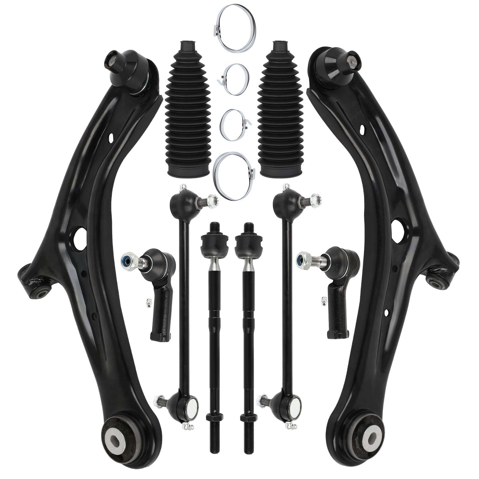 Front Lower Control Arm w/Ball Joint Suspension Kit fit for Ford Fiesta 2011 2012 2013 2014 2015 2016 2017 2018, Inner Outer Tie Rod End w/Steering Boot Sway Bar Link - 10pc Set