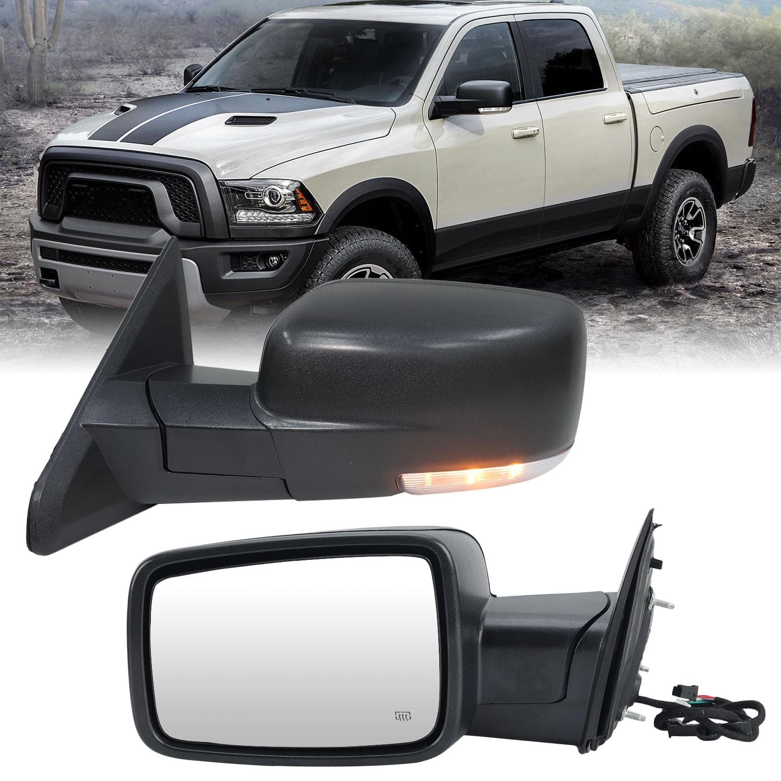 Driver Side Mirror Compatible with 2009-2018 Dodge Ram 1500 2010-2018 Dodge Ram 2500 3500 4500 Mirror with Manual Fold Heated Temper Sensor Turn Signal Light Puddle Light Black（10 Pins）