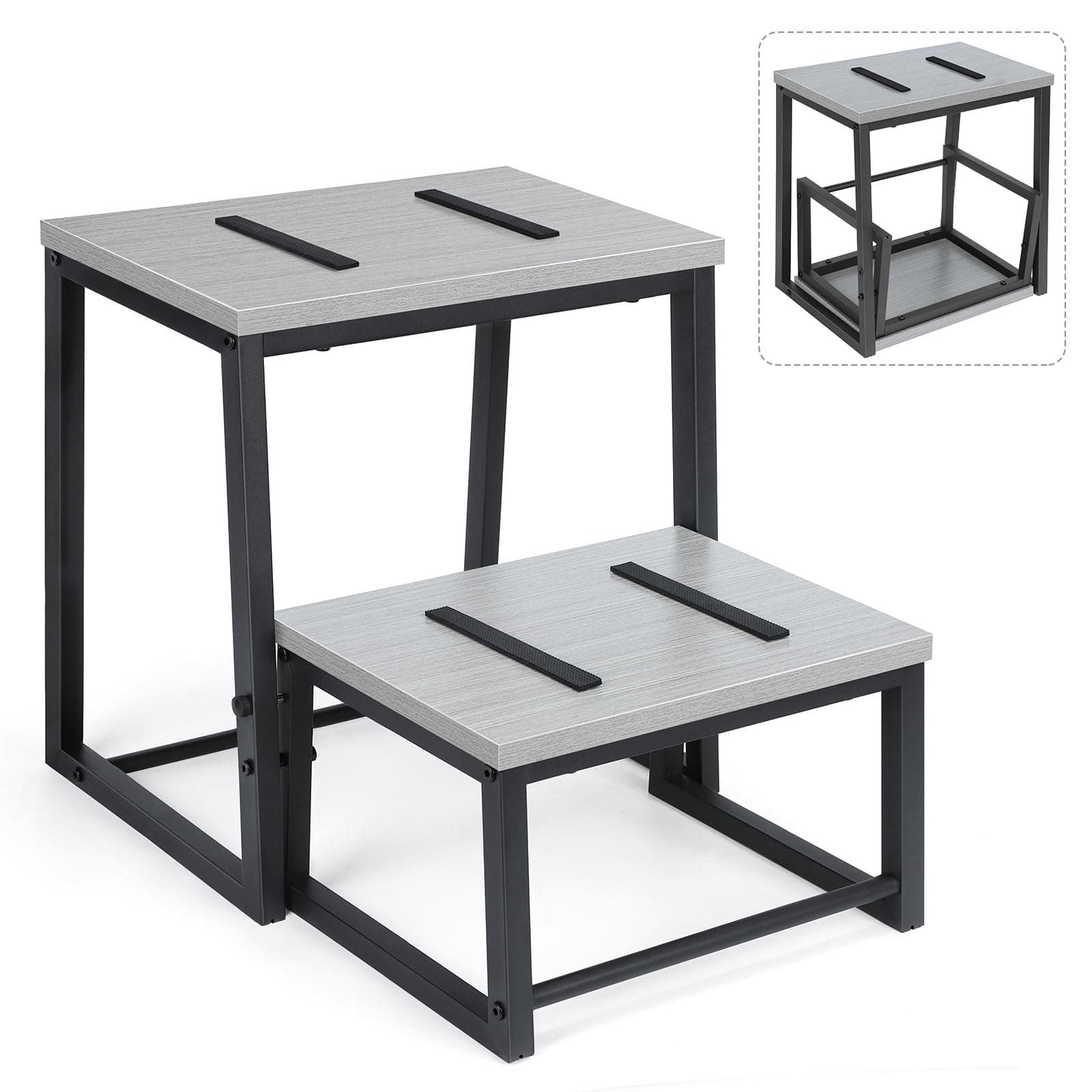 LIANTRAL Step Stool for Adults and Children, 2 Step Stool, Steel and Sturdy Wooden Stool, Load Capacity up to 200 kg, Step Stool for Bed, Kitchen, Bathroom (Grey)